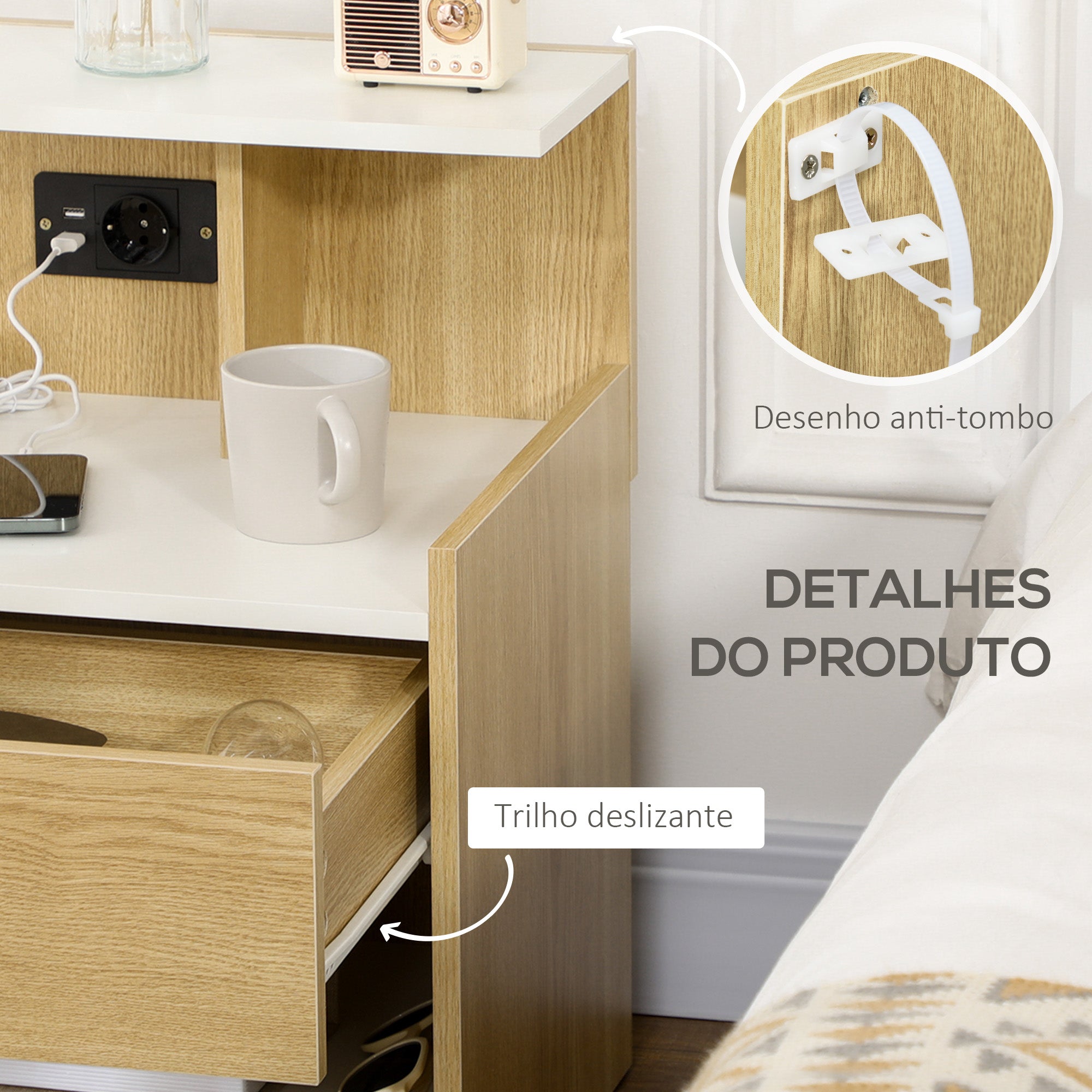 Mesa de Cabeceira Moderna com Entrada USB e Tomada Elétrica - 40x40x60 cm - Cor de Madeira Natural