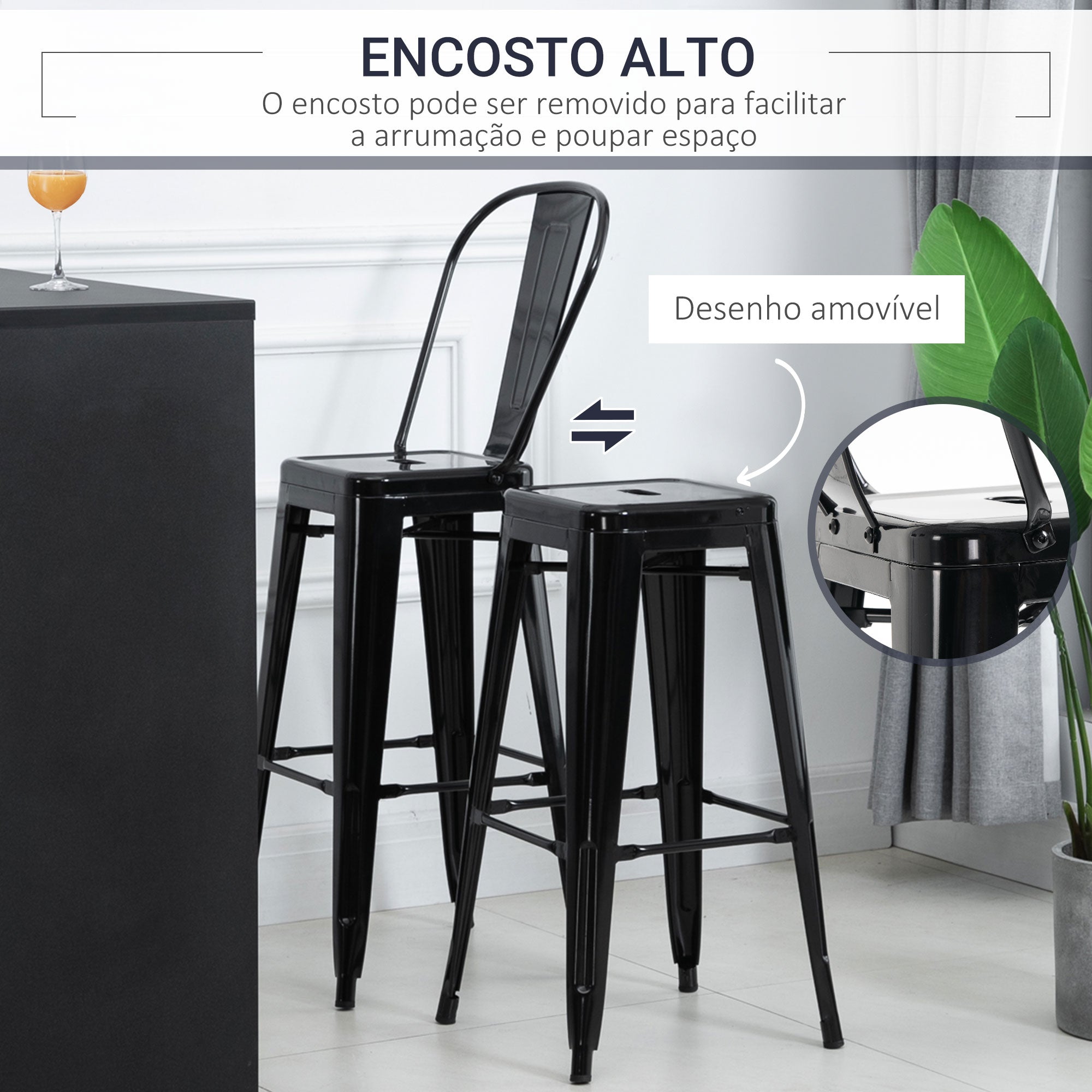 Conjunto de 4 Bancos Altos de Cozinha – 44x49x116cm – Preto – Metal