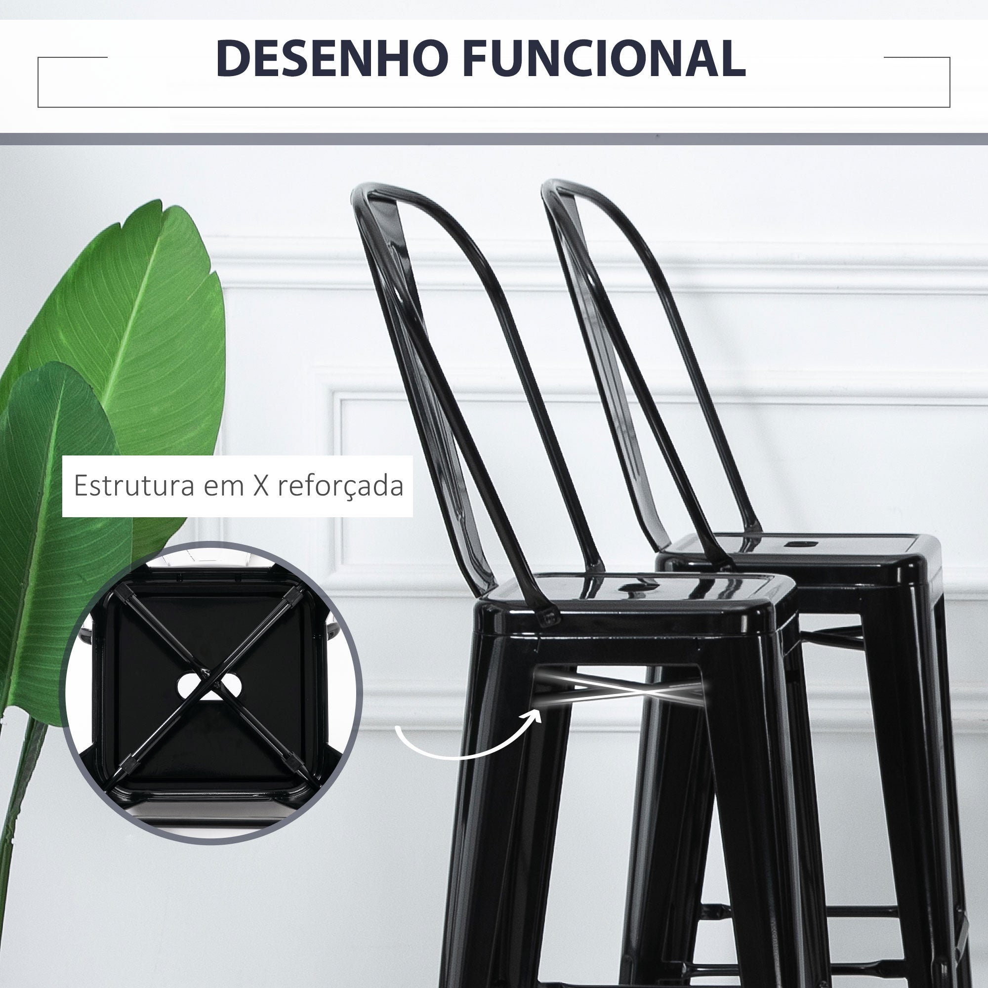 Conjunto de 4 Bancos Altos de Cozinha – 44x49x116cm – Preto – Metal