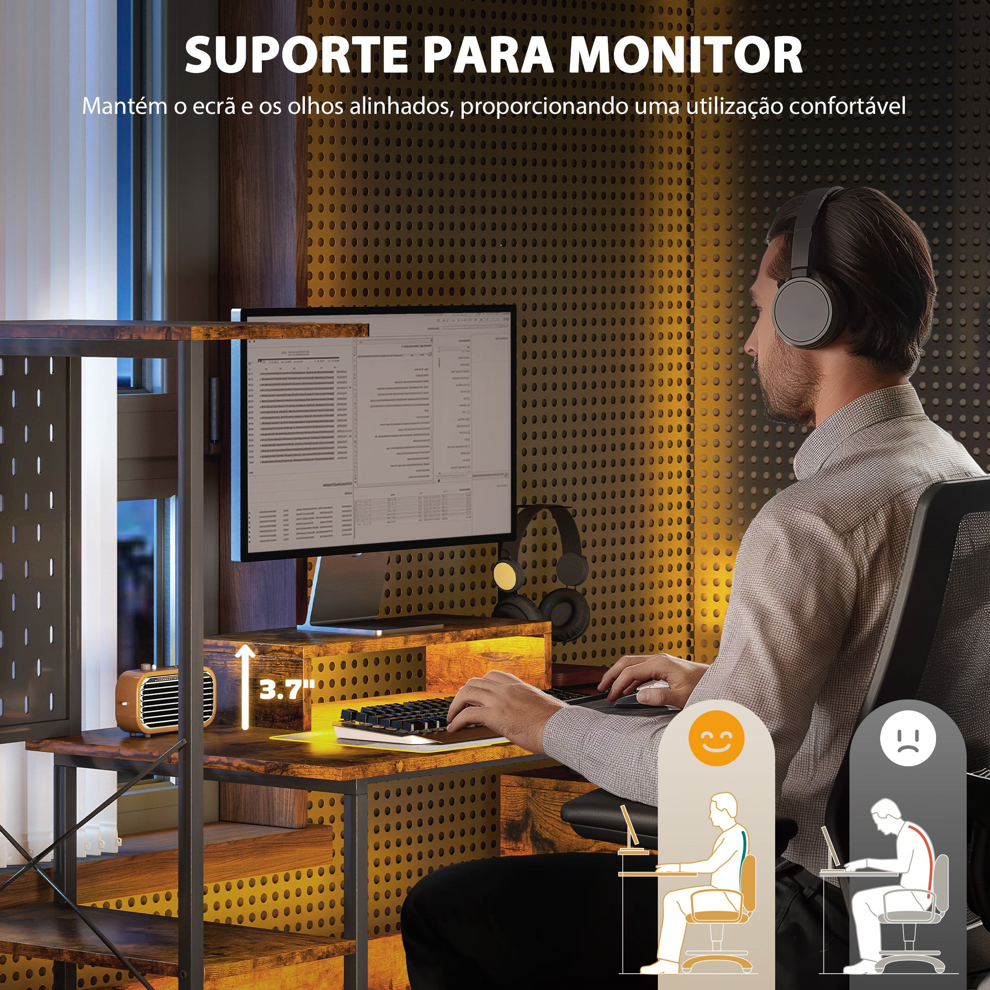 Secretária Estilo Industrial com Luzes LED e Estação de Carga - 142x50x126,5 cm - Marrom