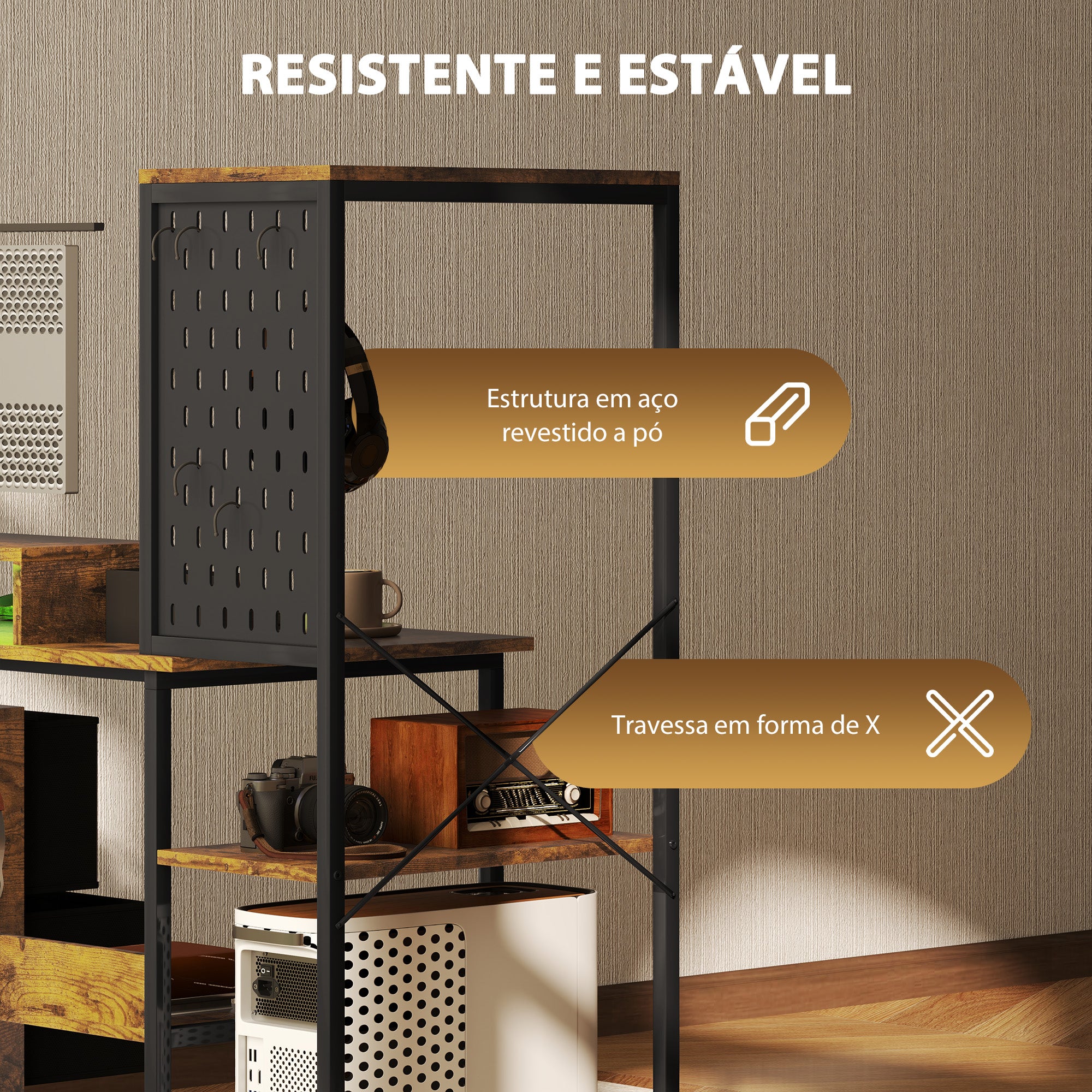 Secretária Estilo Industrial com Luzes LED e Estação de Carga - 142x50x126,5 cm - Marrom