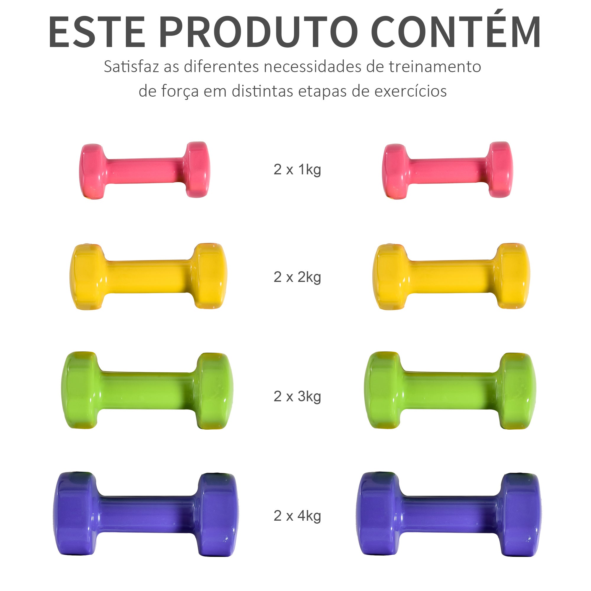 Jogo de 8 Halteres Hexagonais Multicoloridos 4kg 3kg 2kg 1kg - Ø9x19.5cm