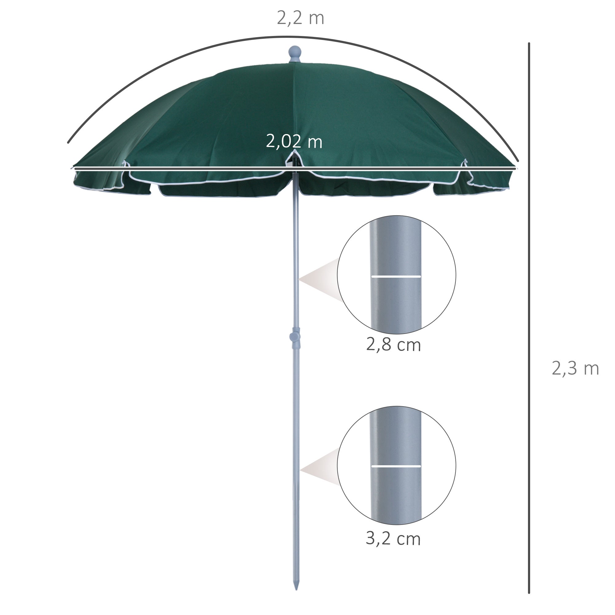 Chapéu de Sol de Praia Verde Ø202x230 cm - Proteção Solar e Conforto ao Ar Livre