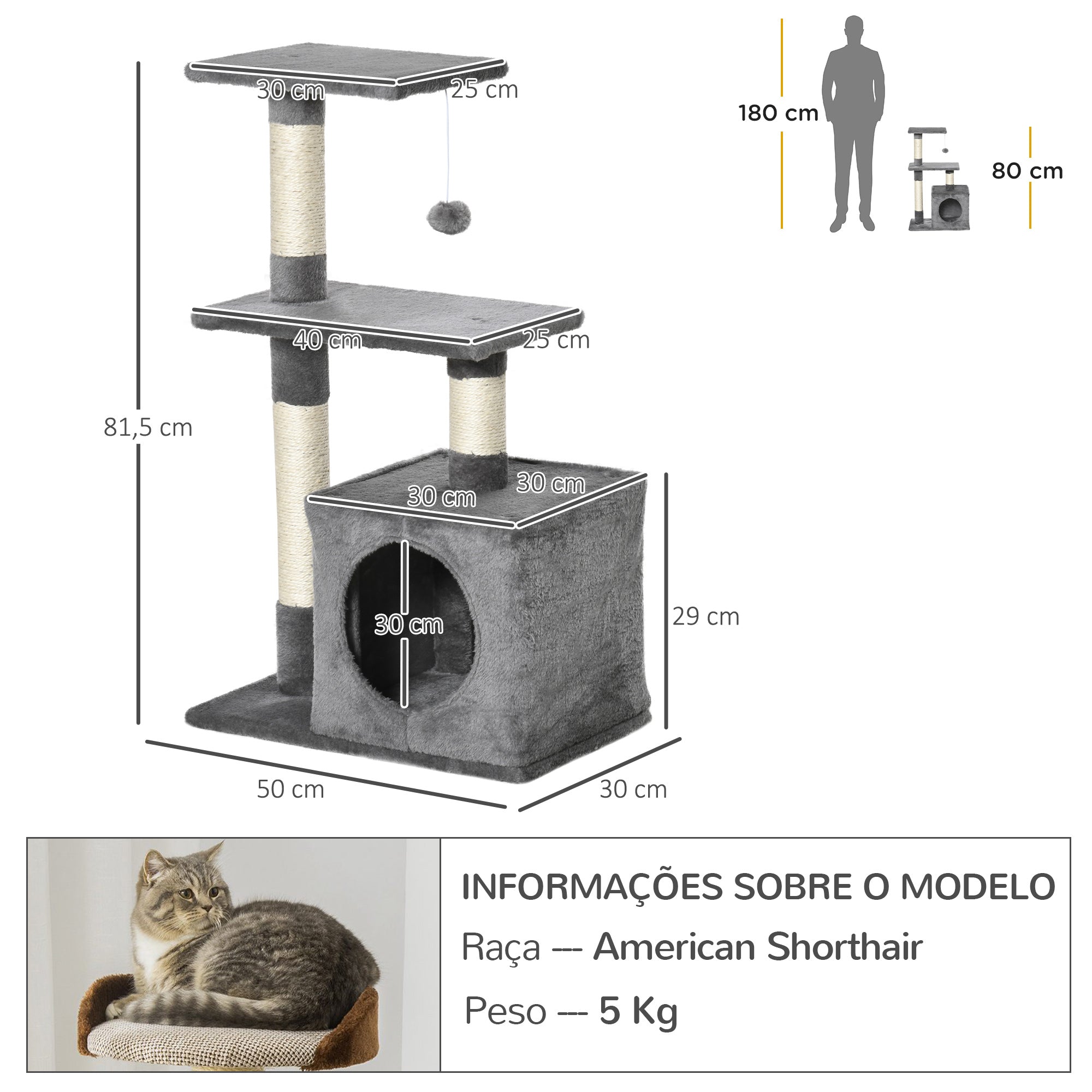 Arranhador para Gatos 50x30x81,5 cm Cinza Escuro Centro de Atividades com Poste de Sisal e Plataformas