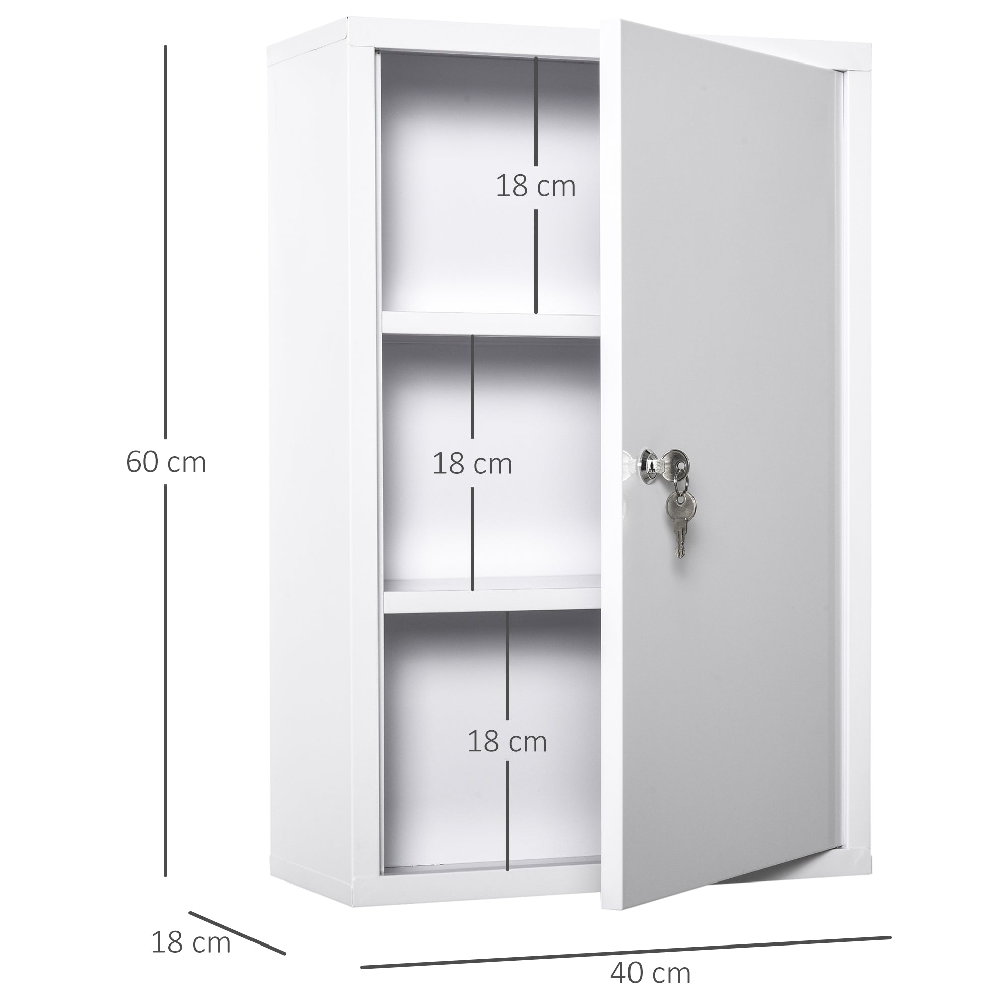 Armário de Farmácia de Metal 3 Prateleiras 40x18x60cm - Branco