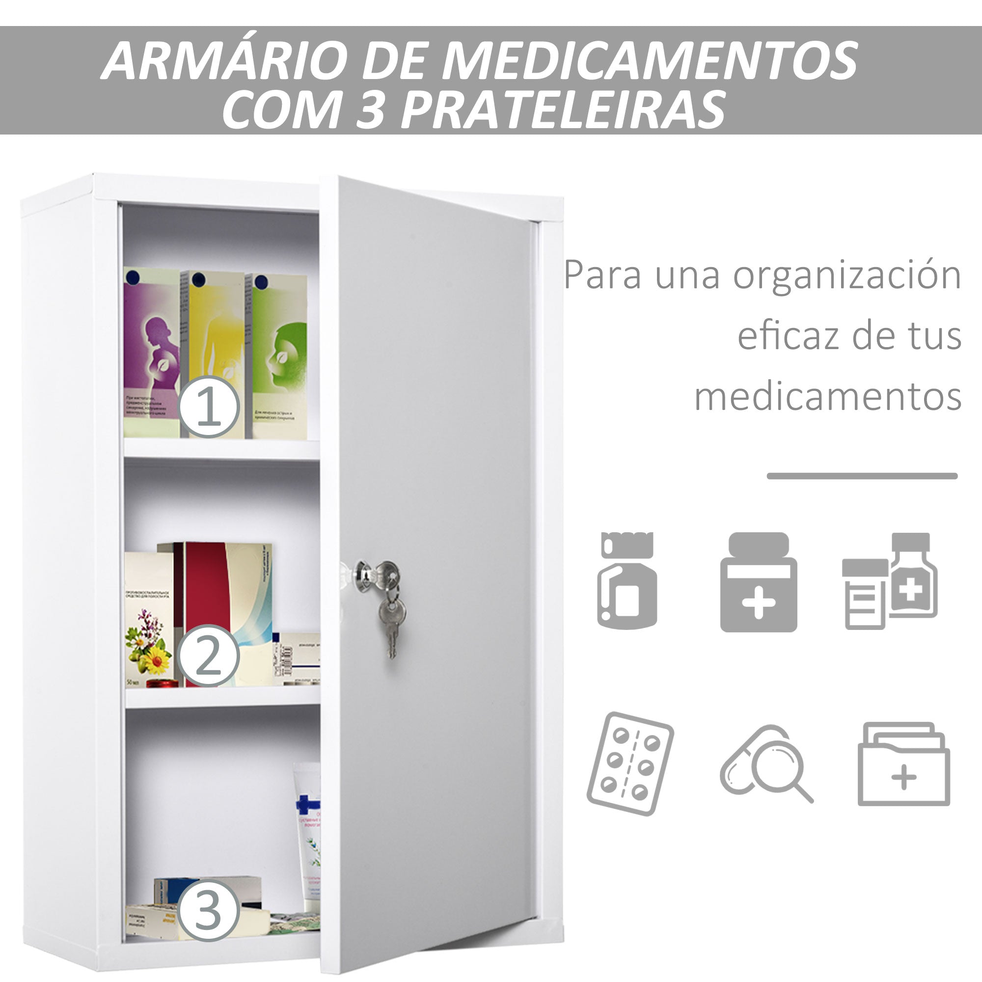 Armário de Farmácia de Metal 3 Prateleiras 40x18x60cm - Branco