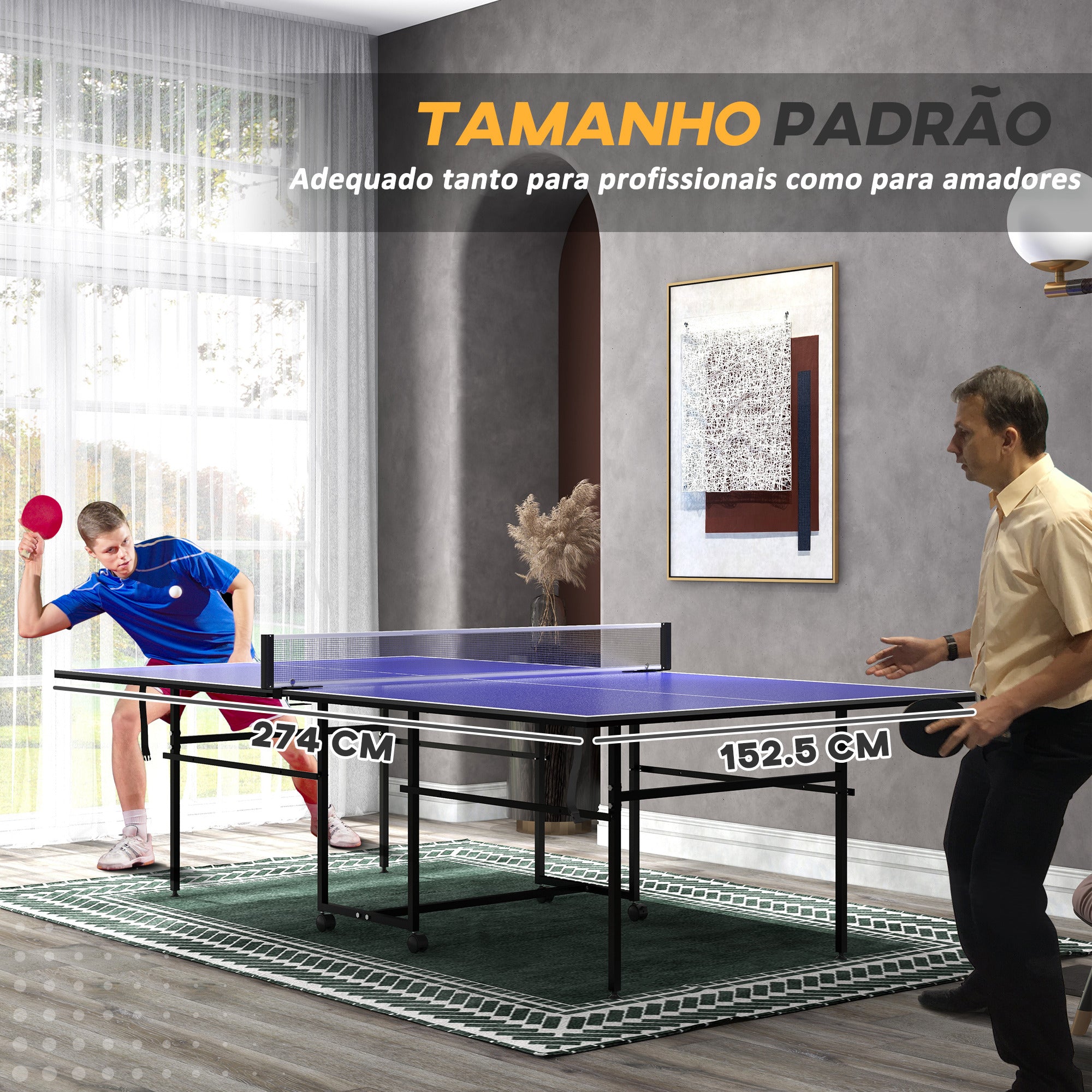 Mesa de Ping Pong Dobrável Profissional – 274x152,5x75,5 cm – Azul – MDF e Aço
