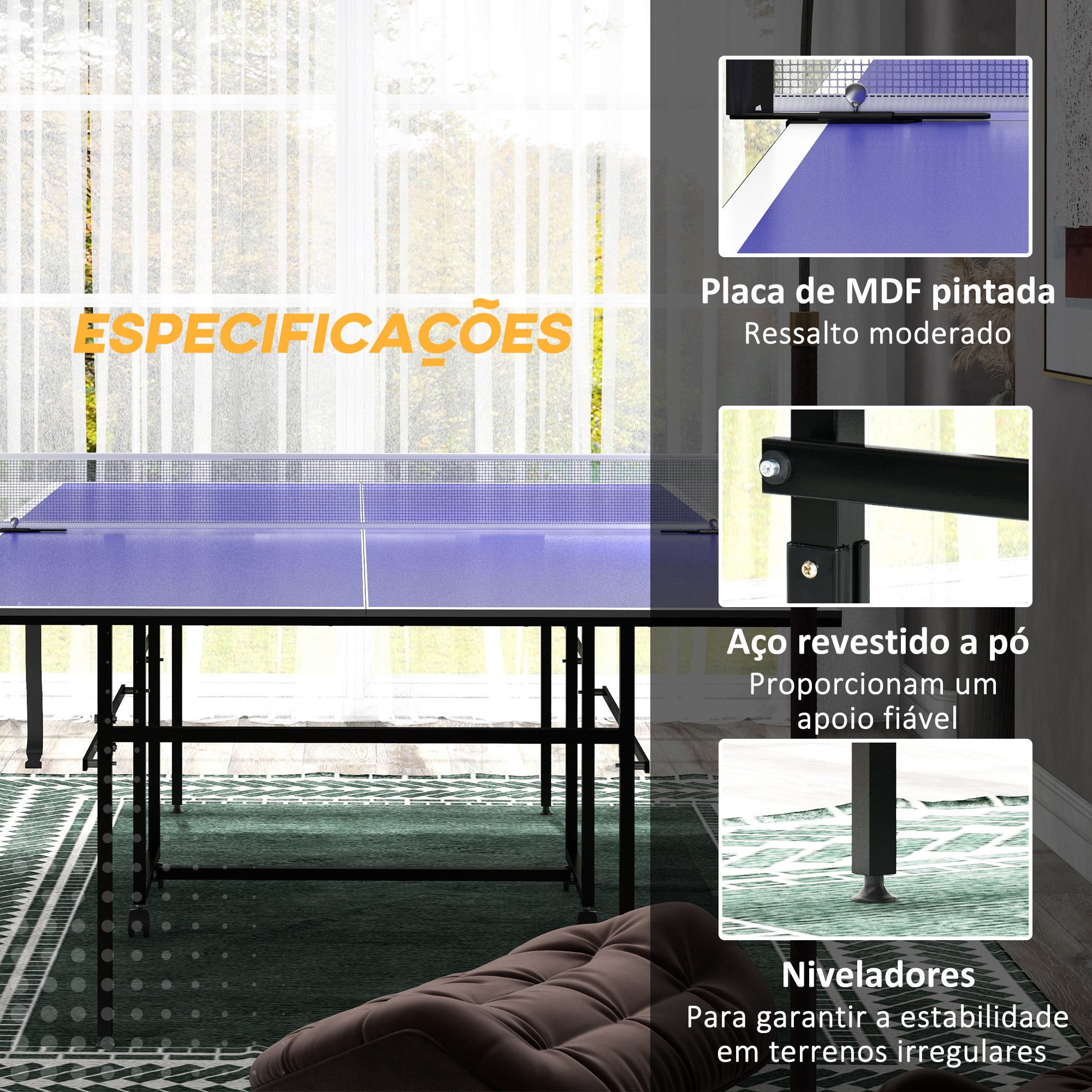 Mesa de Ping Pong Dobrável Profissional – 274x152,5x75,5 cm – Azul – MDF e Aço