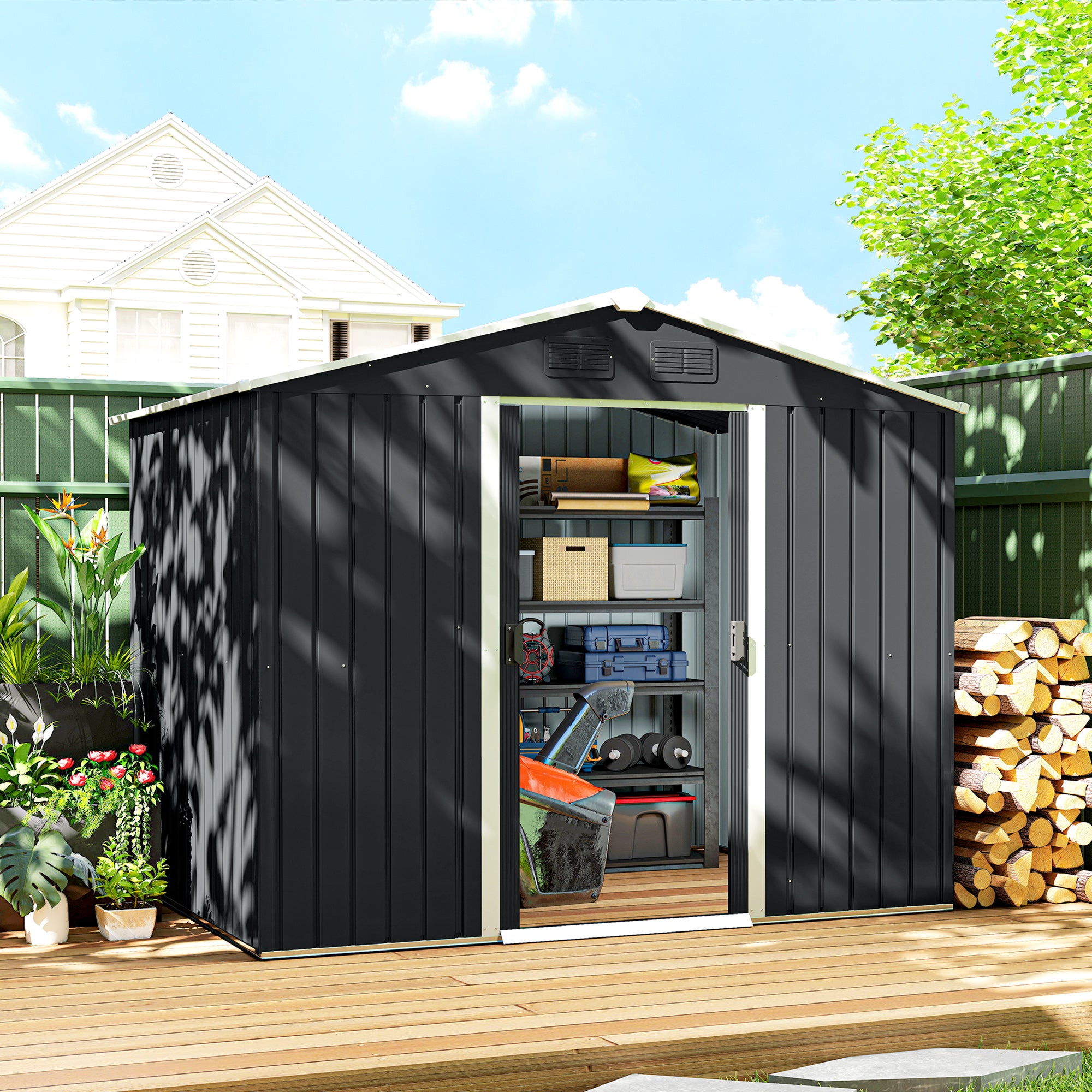 Abrigo de Jardim 236x174x190 cm Cinza - Armazenamento de Ferramentas com Ventilação