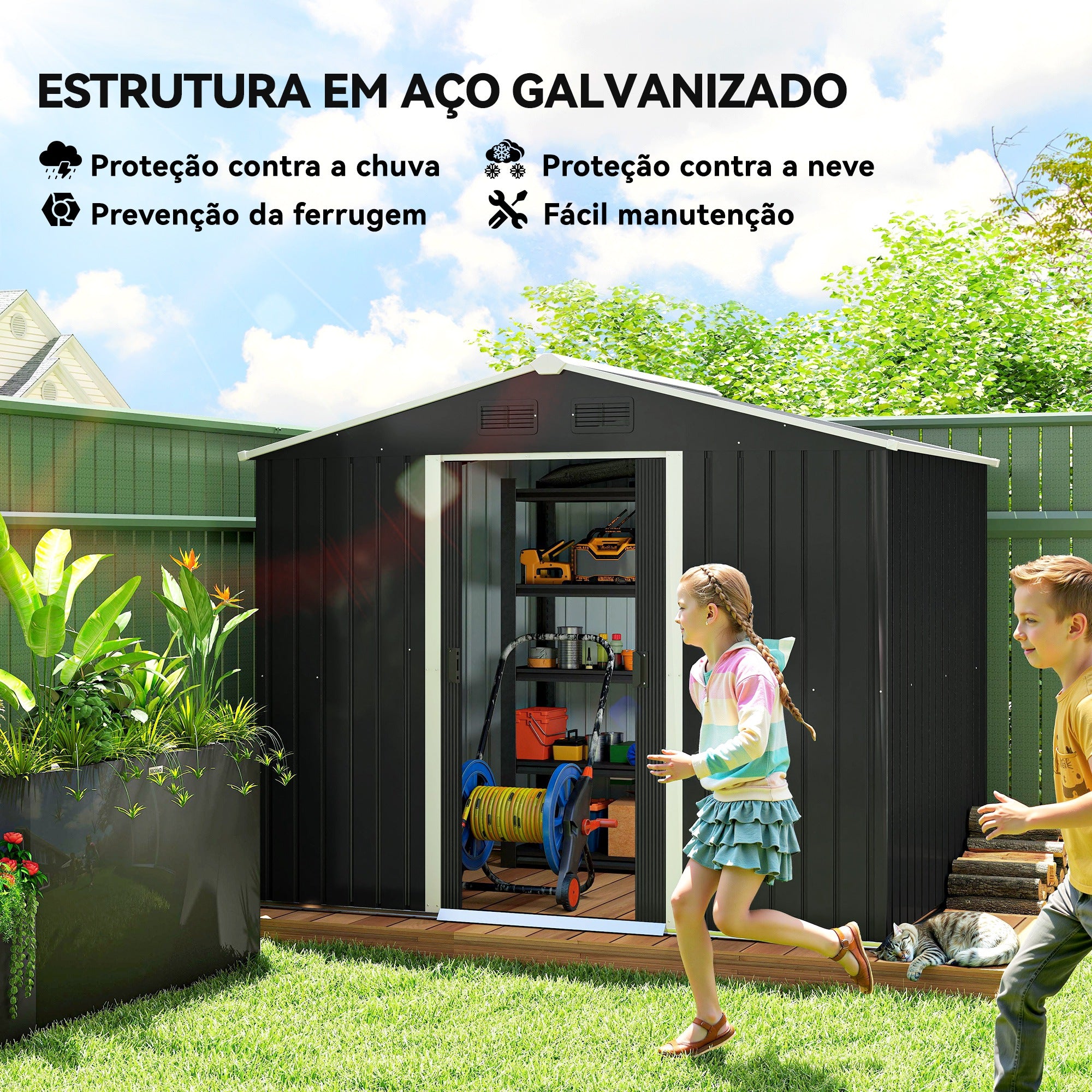 Abrigo de Jardim 236x174x190 cm Cinza - Armazenamento de Ferramentas com Ventilação