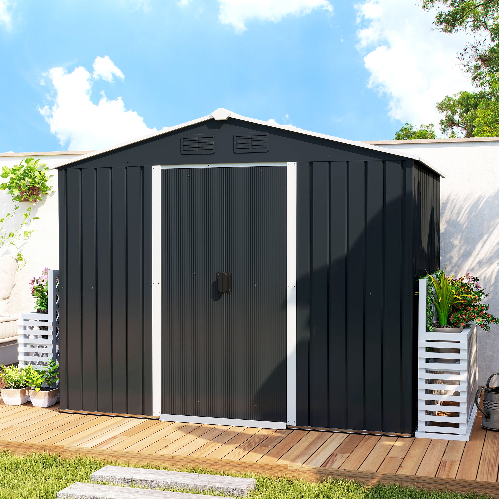 Abrigo de Jardim 236x174x190 cm Cinza - Armazenamento de Ferramentas com Ventilação