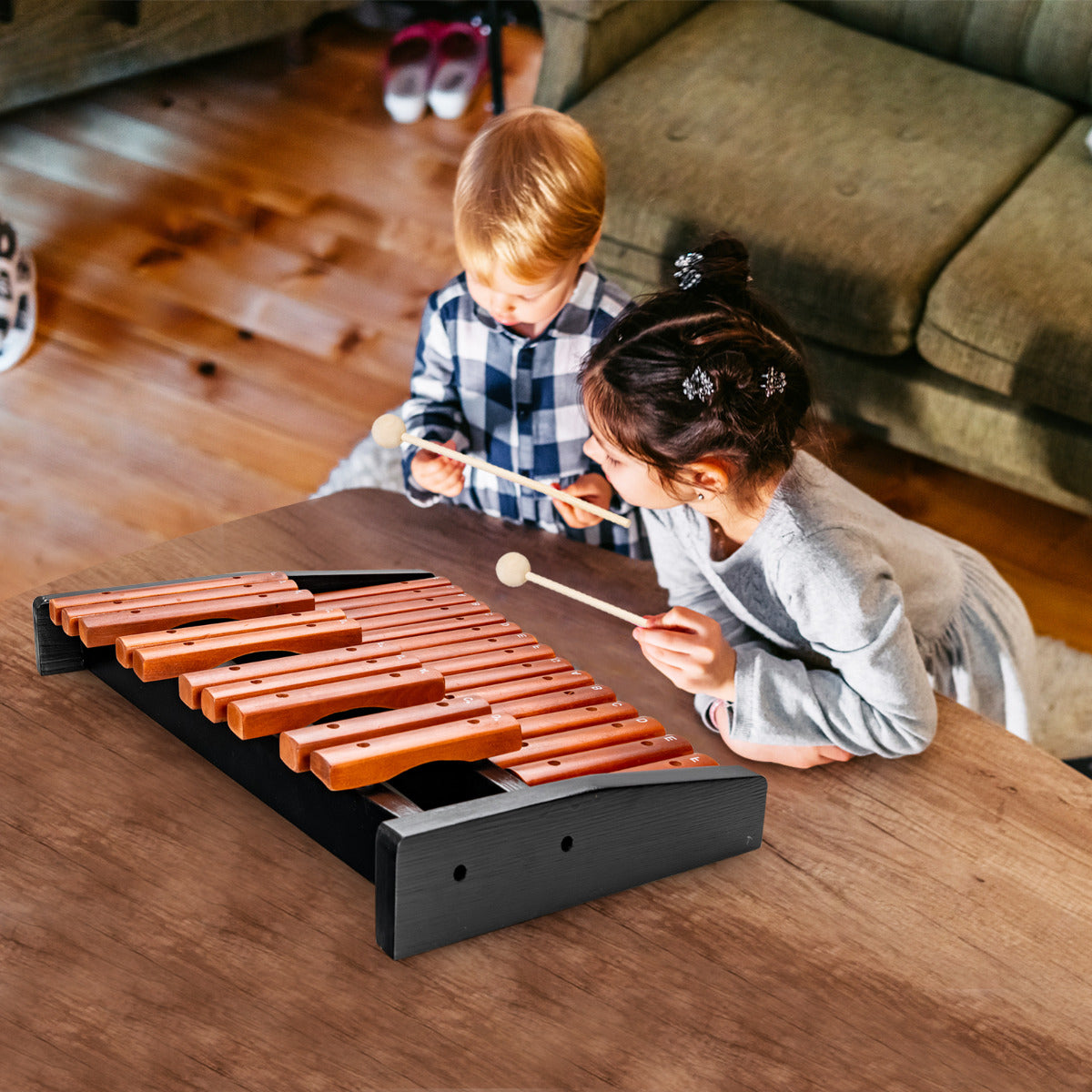 Xilofone com 25 Notas - Instrumento de Percussão de Madeira - Brinquedo Musical para Iniciantes - 2 Baquetas - 42 x 57 x 6 cm - Castanho