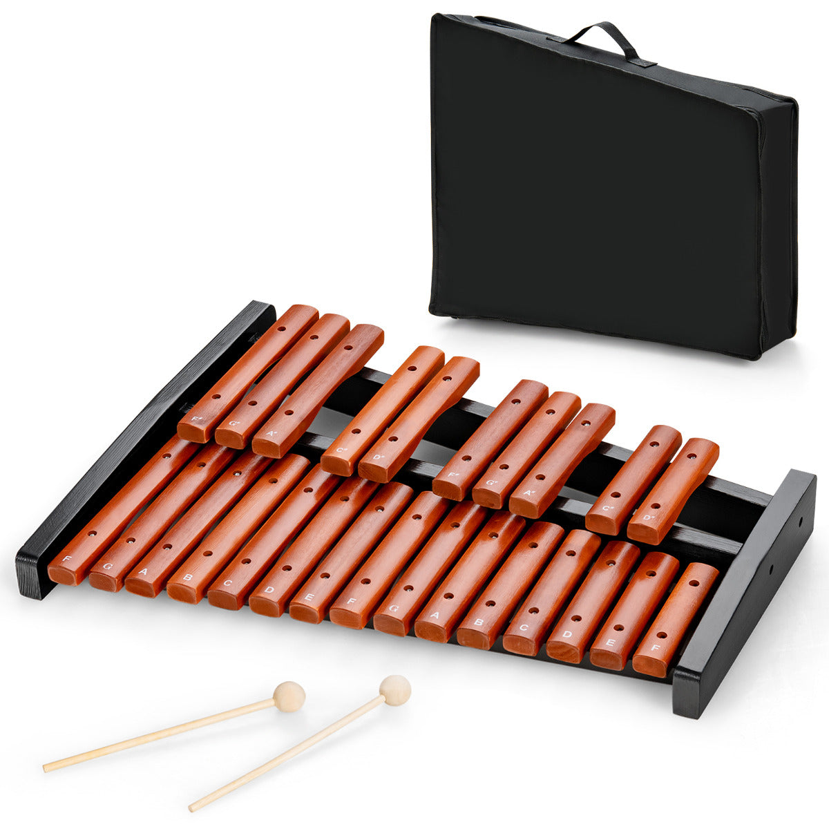 Xilofone com 25 Notas - Instrumento de Percussão de Madeira - Brinquedo Musical para Iniciantes - 2 Baquetas - 42 x 57 x 6 cm - Castanho