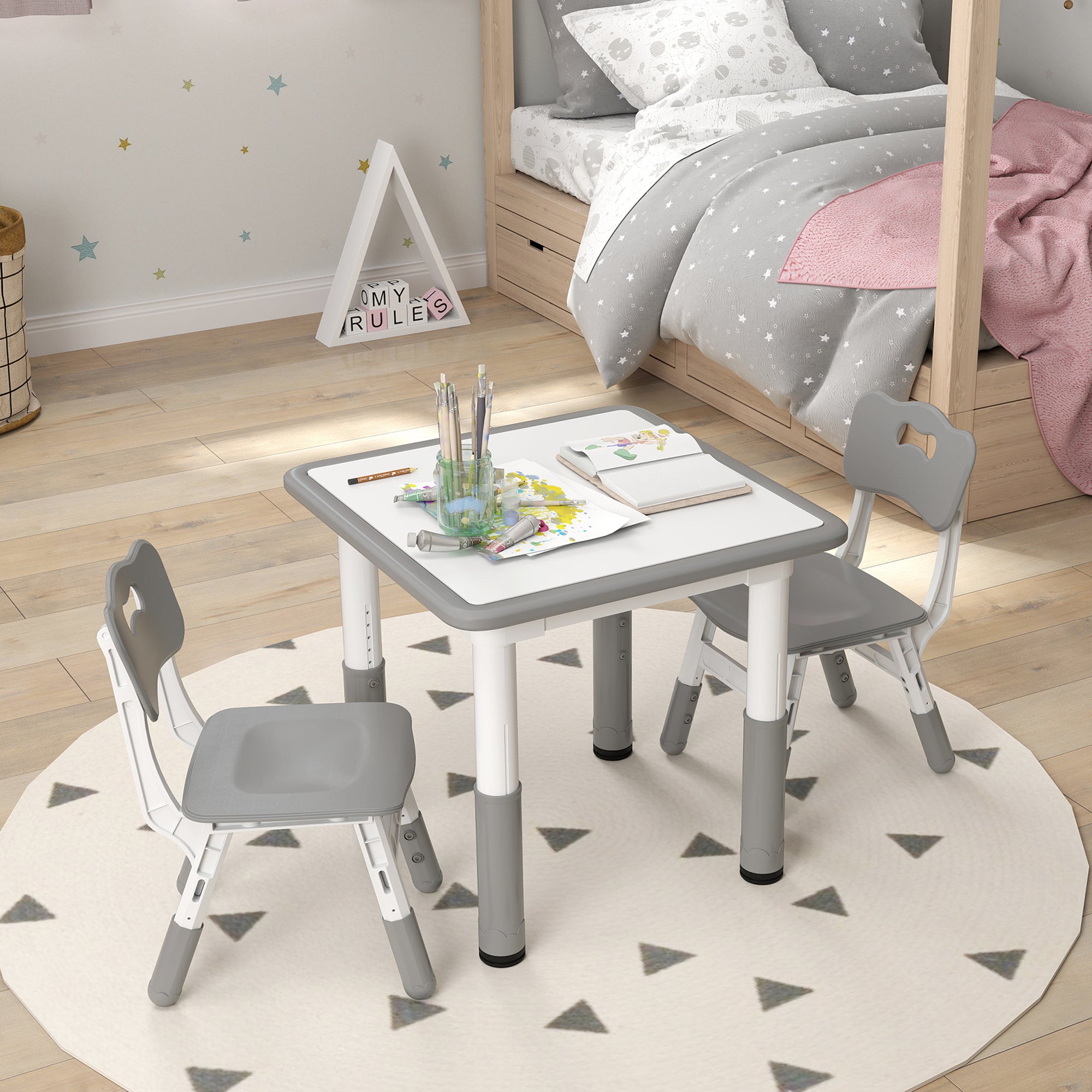 Mesa e Cadeiras Infantis com Altura Ajustável 60x60x46-58 cm - Branco e Cinza