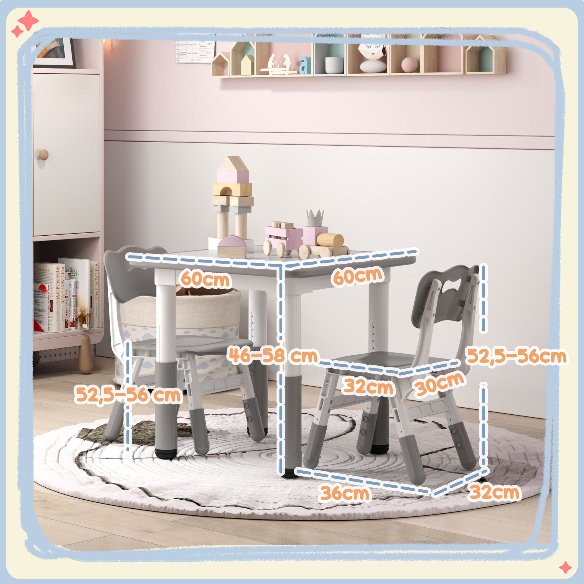 Mesa e Cadeiras Infantis com Altura Ajustável 60x60x46-58 cm - Branco e Cinza
