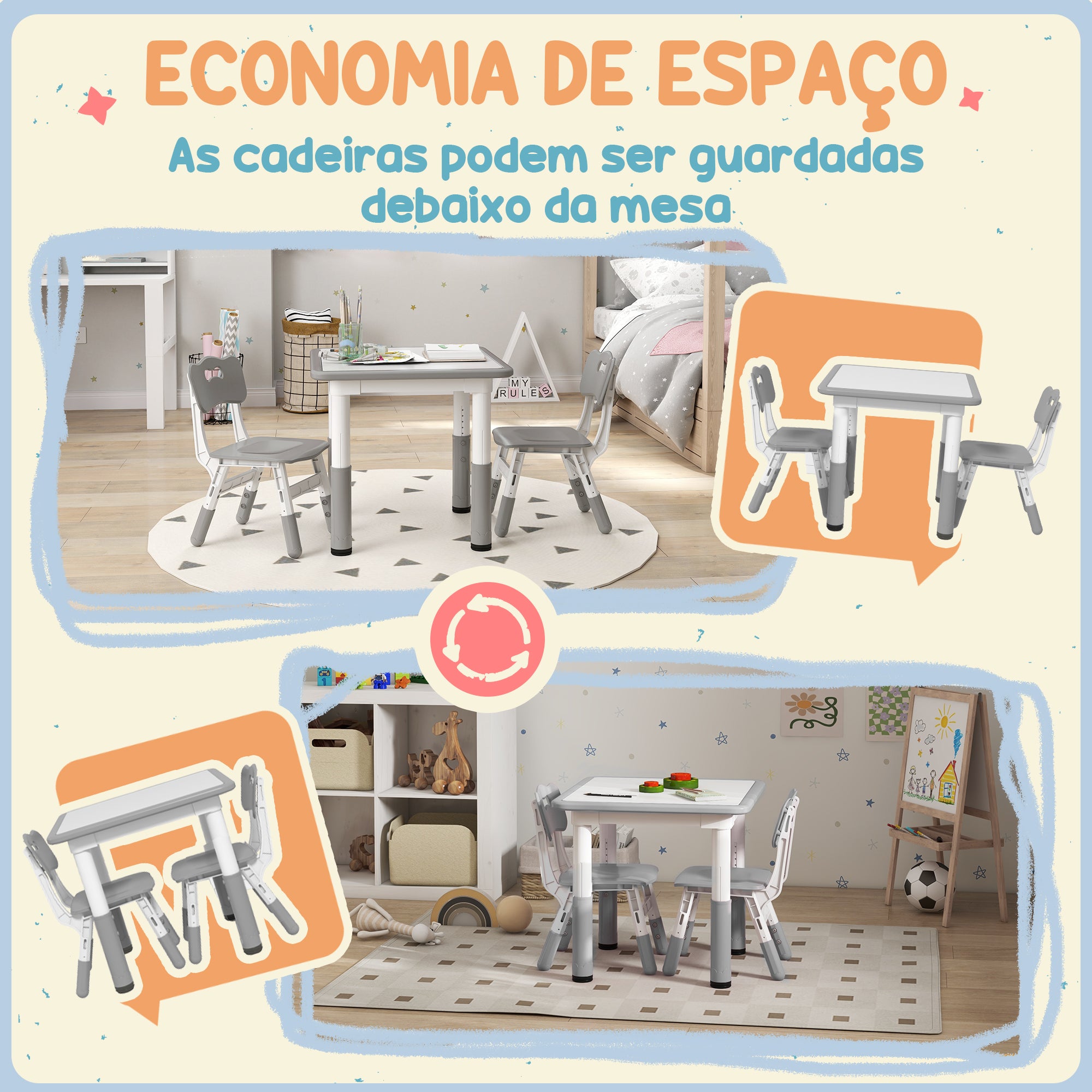 Mesa e Cadeiras Infantis com Altura Ajustável 60x60x46-58 cm - Branco e Cinza
