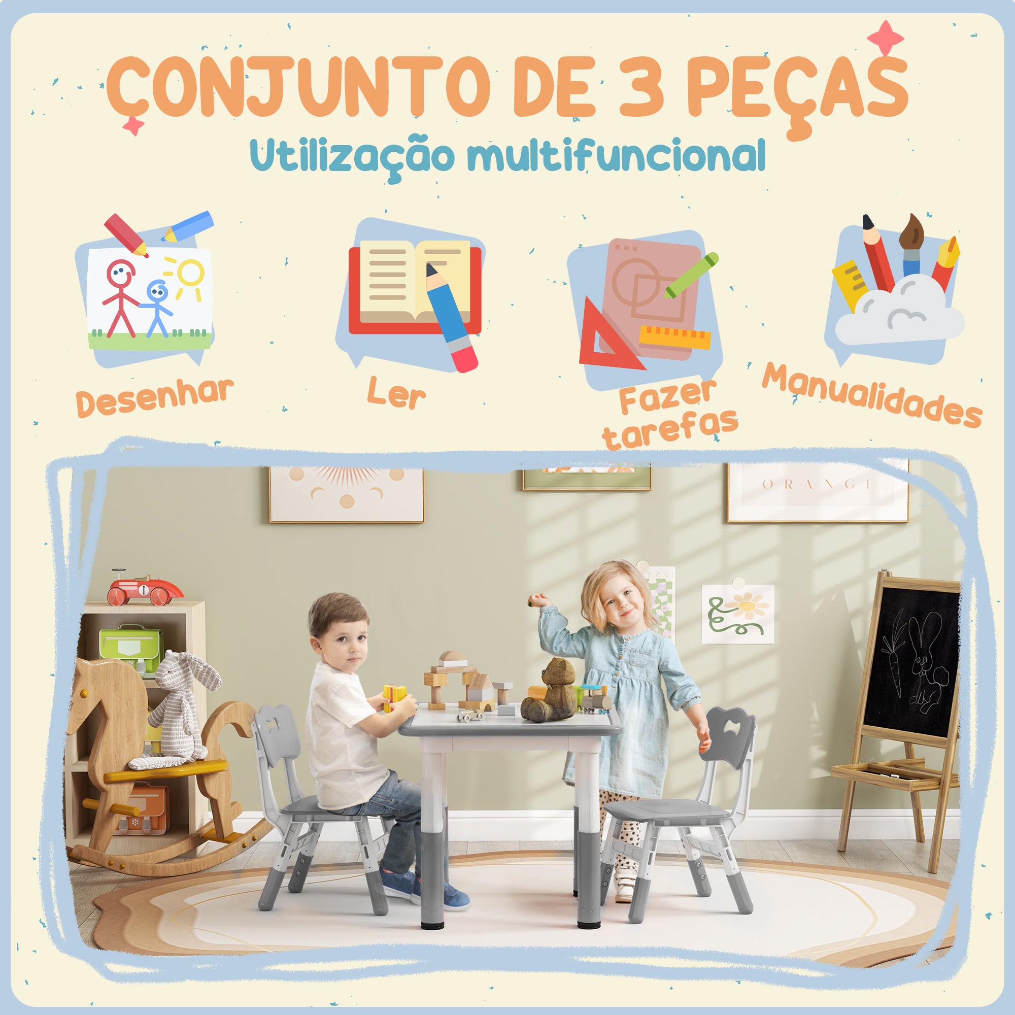Mesa e Cadeiras Infantis com Altura Ajustável 60x60x46-58 cm - Branco e Cinza