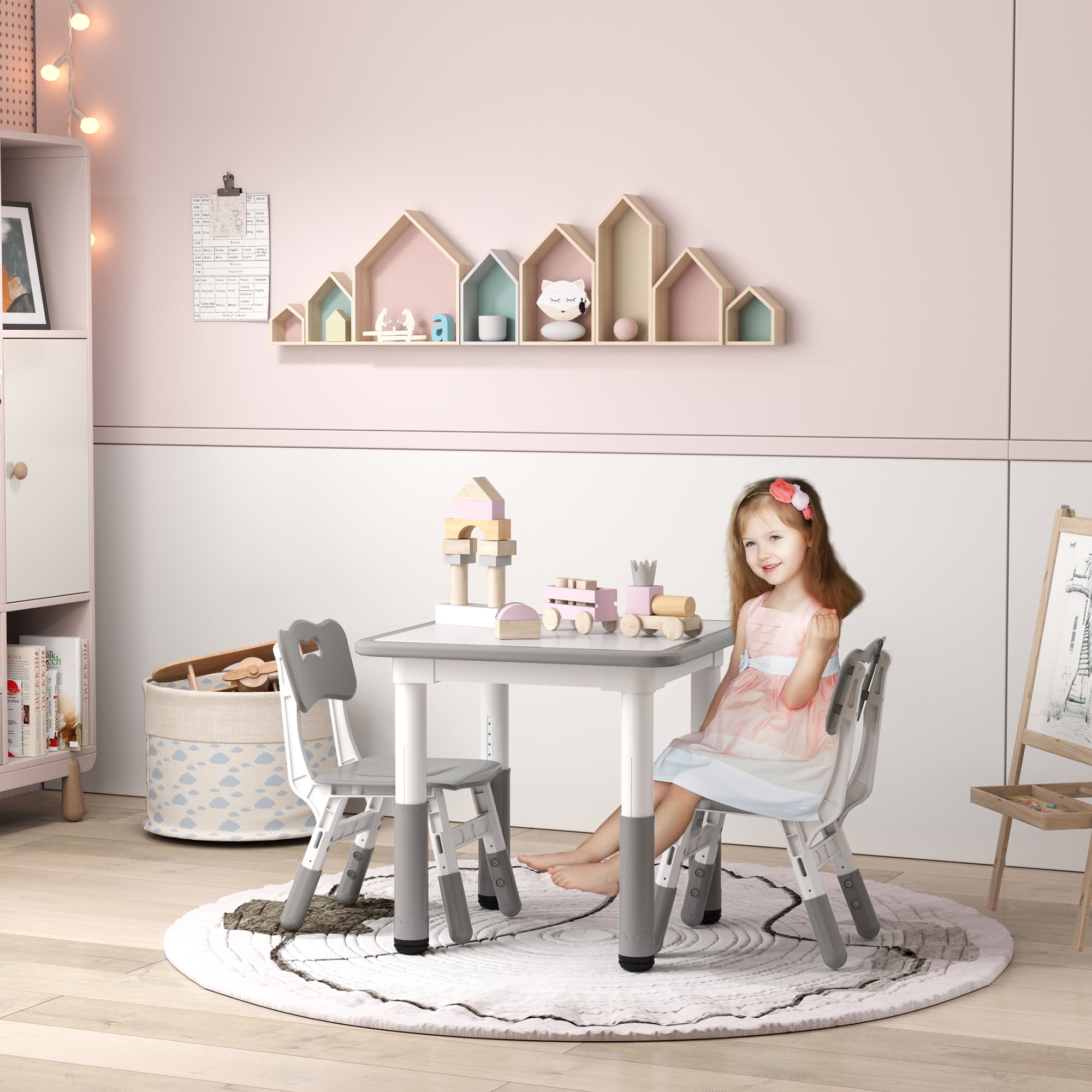 Mesa e Cadeiras Infantis com Altura Ajustável 60x60x46-58 cm - Branco e Cinza