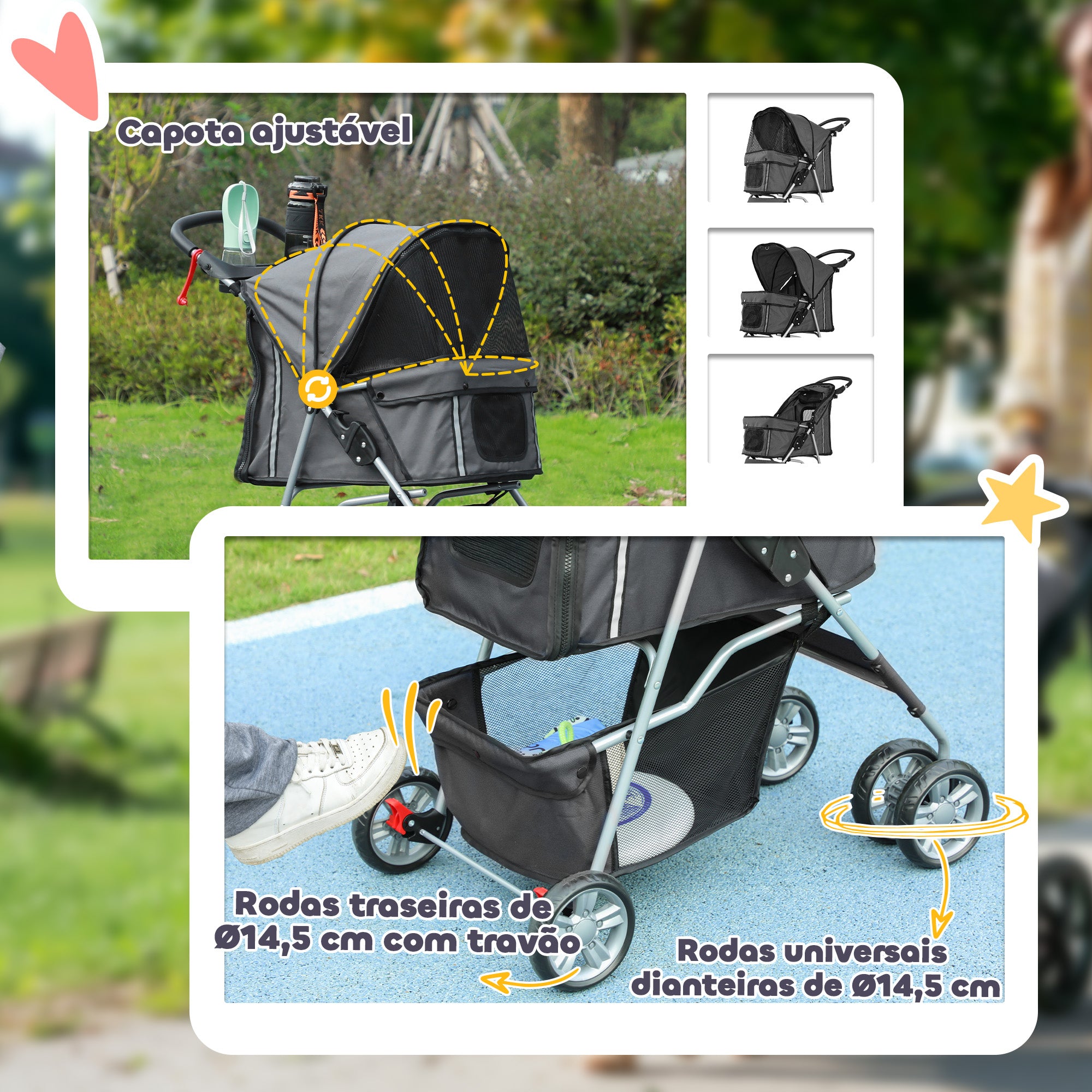 Carrinho de Passeio para Animais de Estimação 75x45x97 cm Cinzento