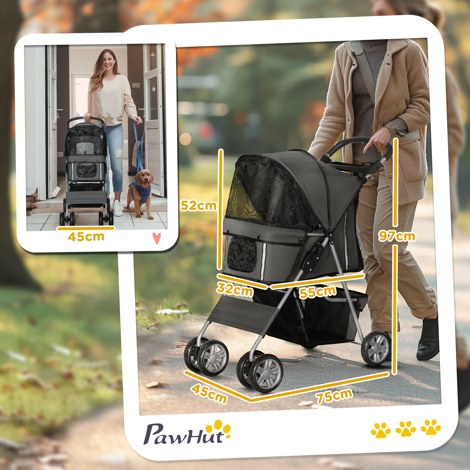 Carrinho de Passeio para Animais de Estimação 75x45x97 cm Cinzento