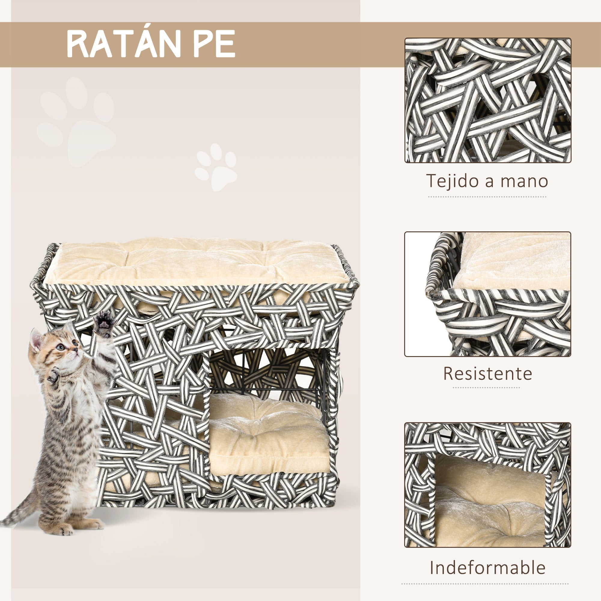 Cama Dupla de Vime para Gatos - 51x42x37cm - Cinza e Bege