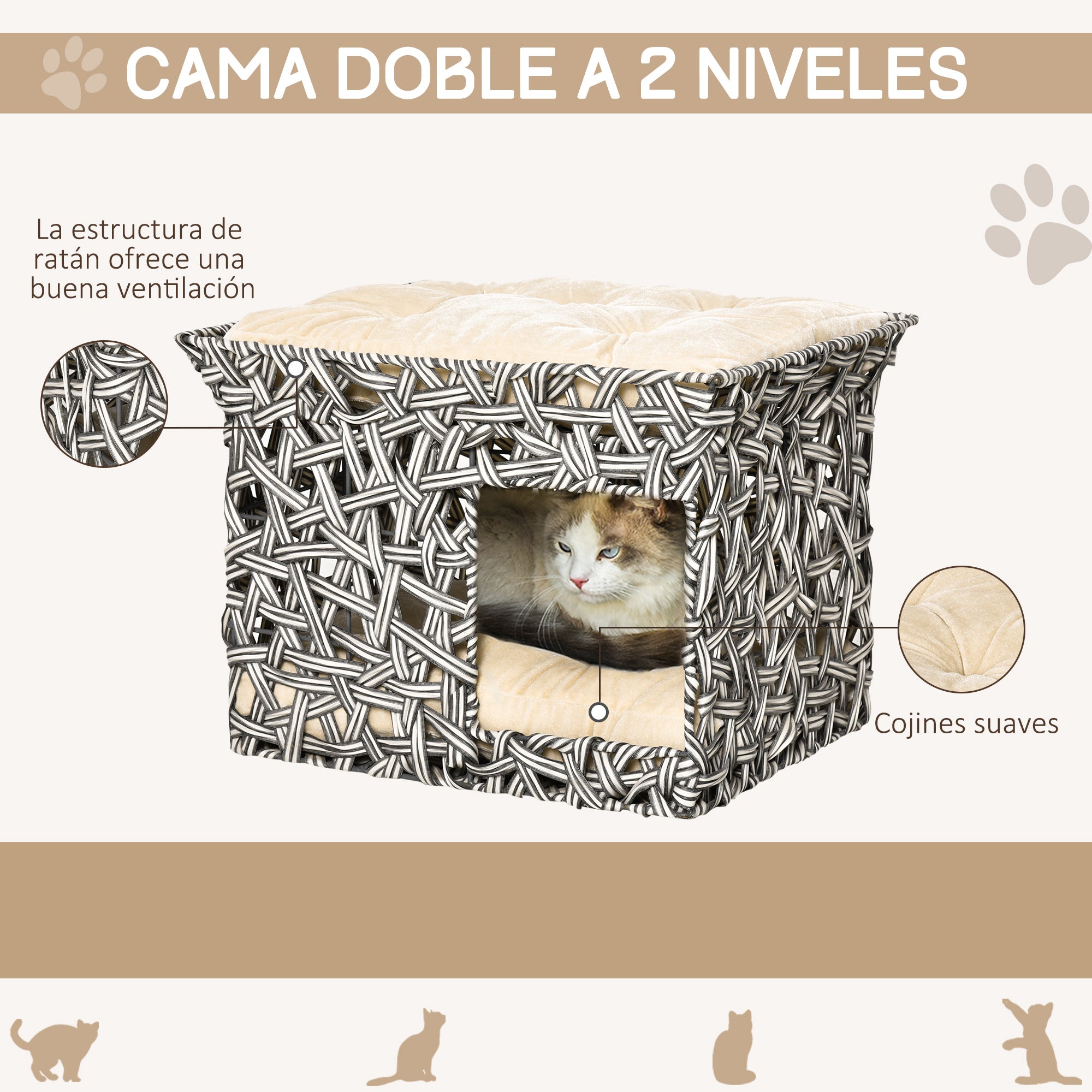 Cama Dupla de Vime para Gatos - 51x42x37cm - Cinza e Bege
