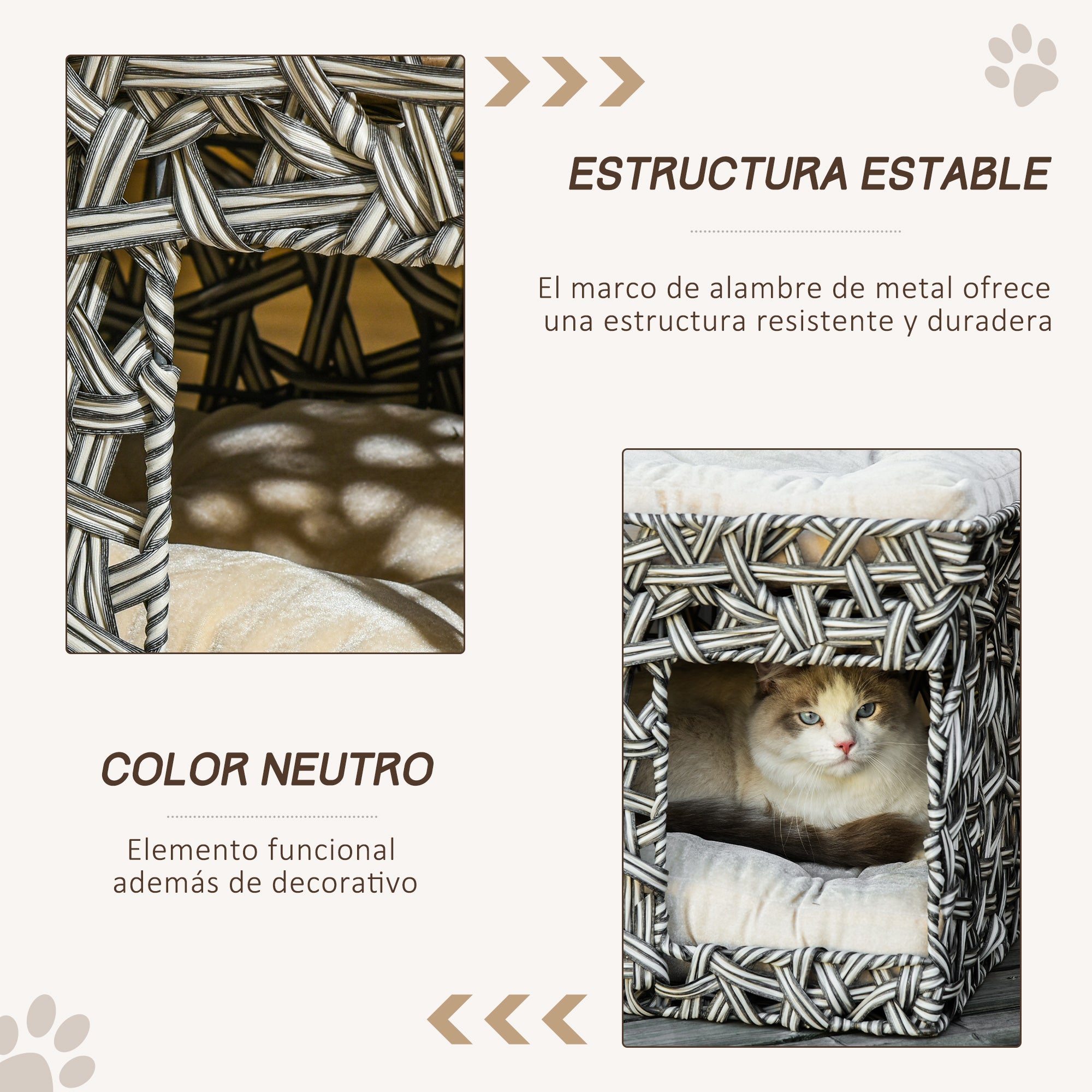Cama Dupla de Vime para Gatos - 51x42x37cm - Cinza e Bege