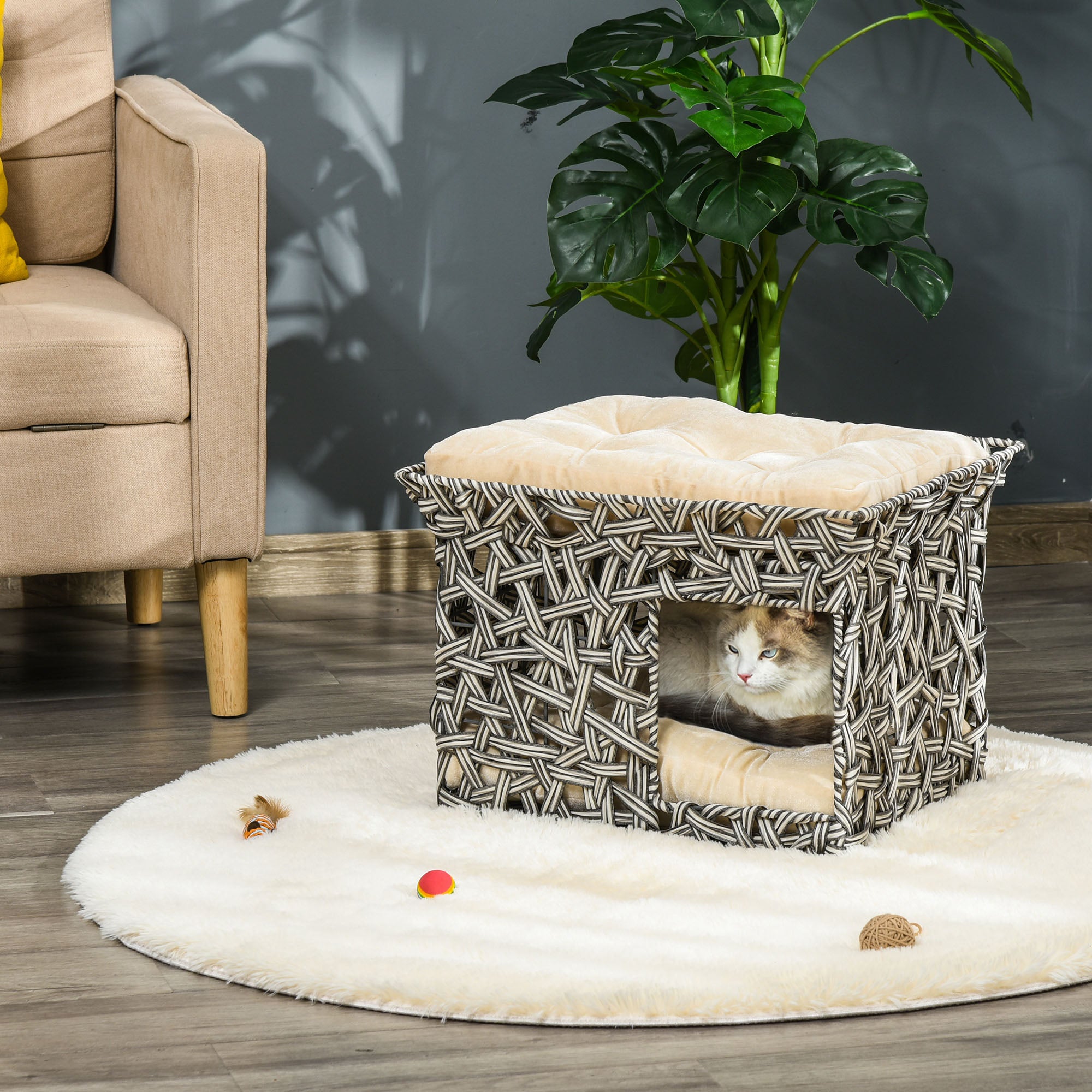 Cama Dupla de Vime para Gatos - 51x42x37cm - Cinza e Bege