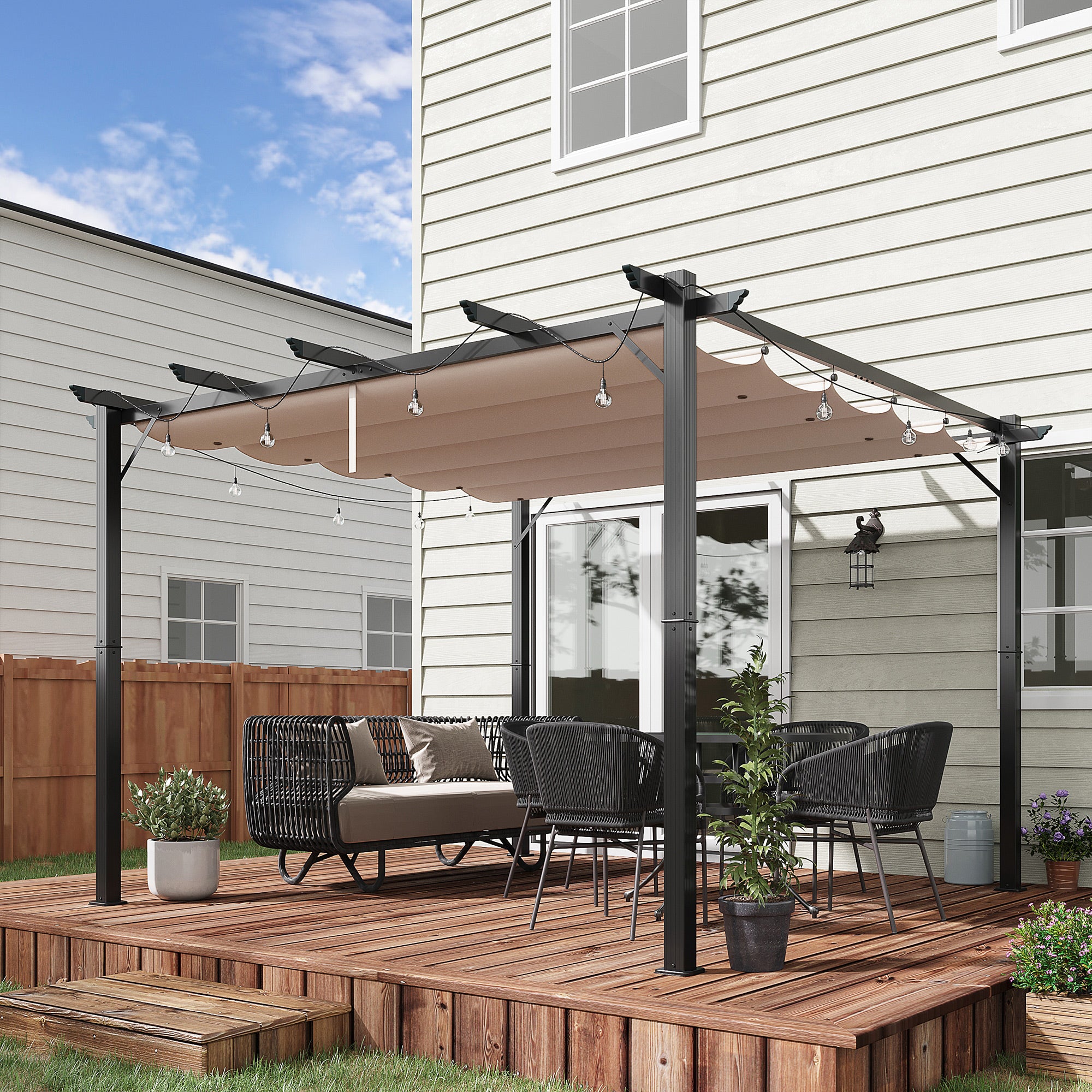 Pérgola de Jardim 3x3 m com Toldo Retrátil - Cinza e Marrom 300x300x223 cm