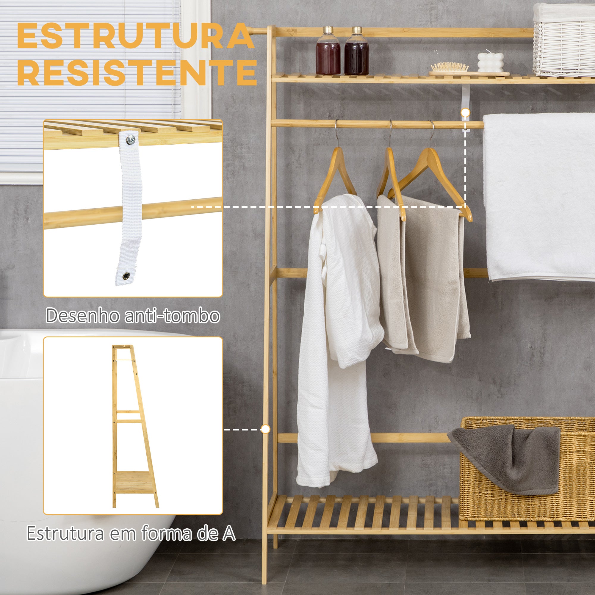 Suporte para Cabide de Bambu com 2 Prateleiras 114x40x139 cm - Cor Madeira Natural