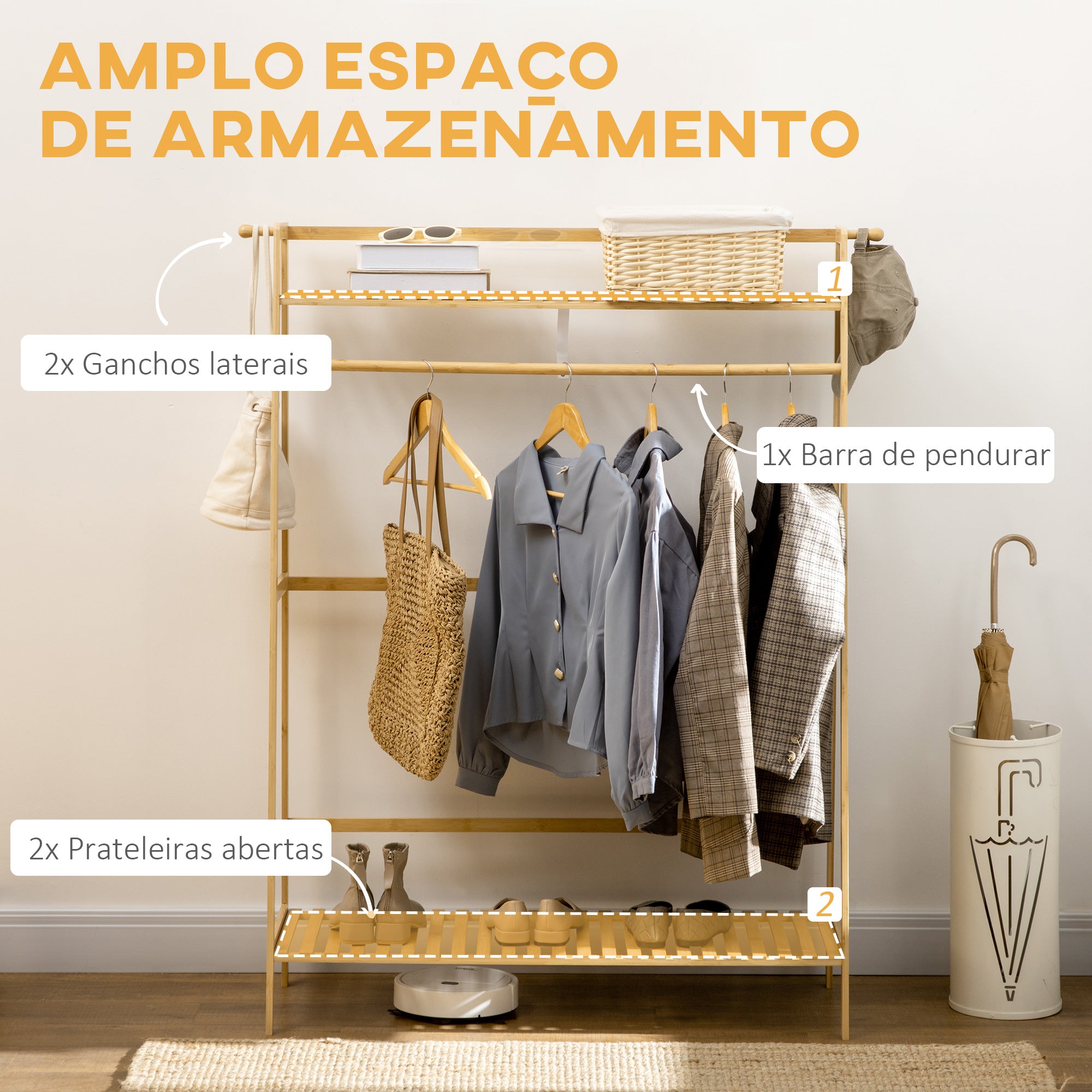 Suporte para Cabide de Bambu com 2 Prateleiras 114x40x139 cm - Cor Madeira Natural