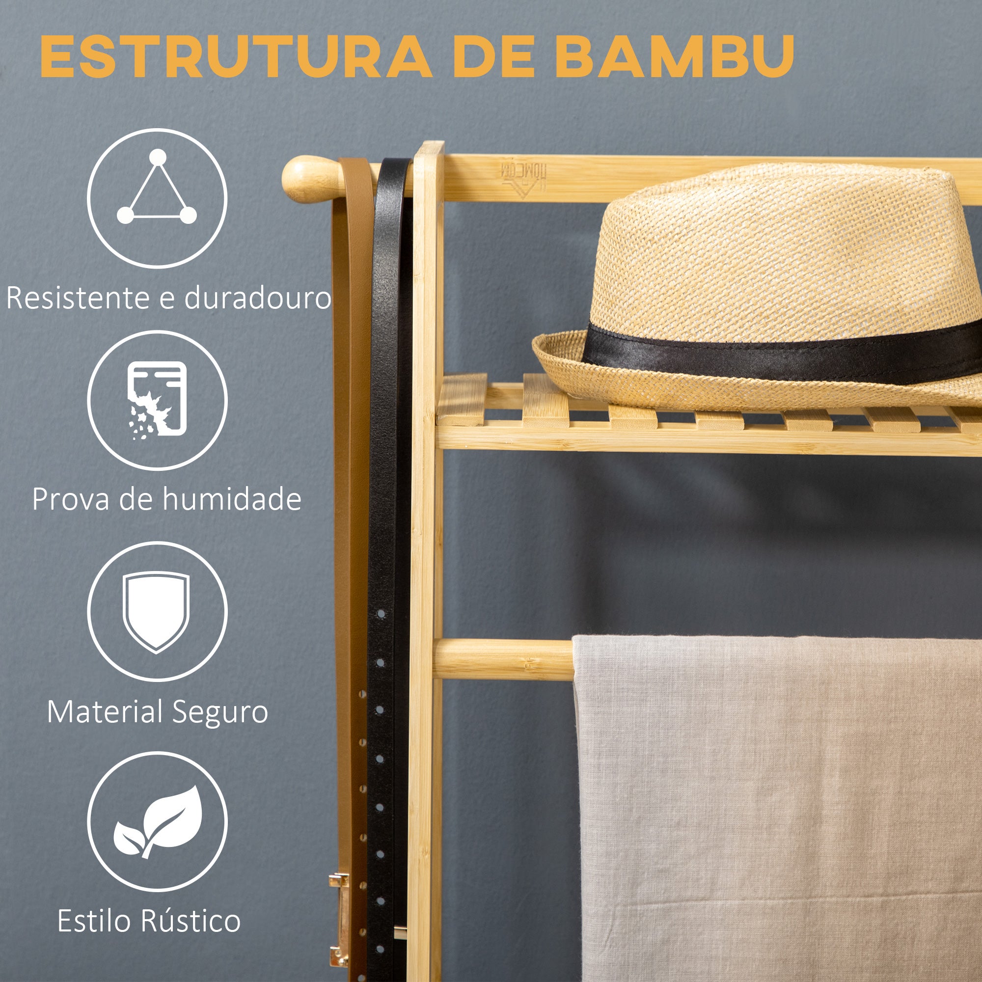 Suporte para Cabide de Bambu com 2 Prateleiras 114x40x139 cm - Cor Madeira Natural