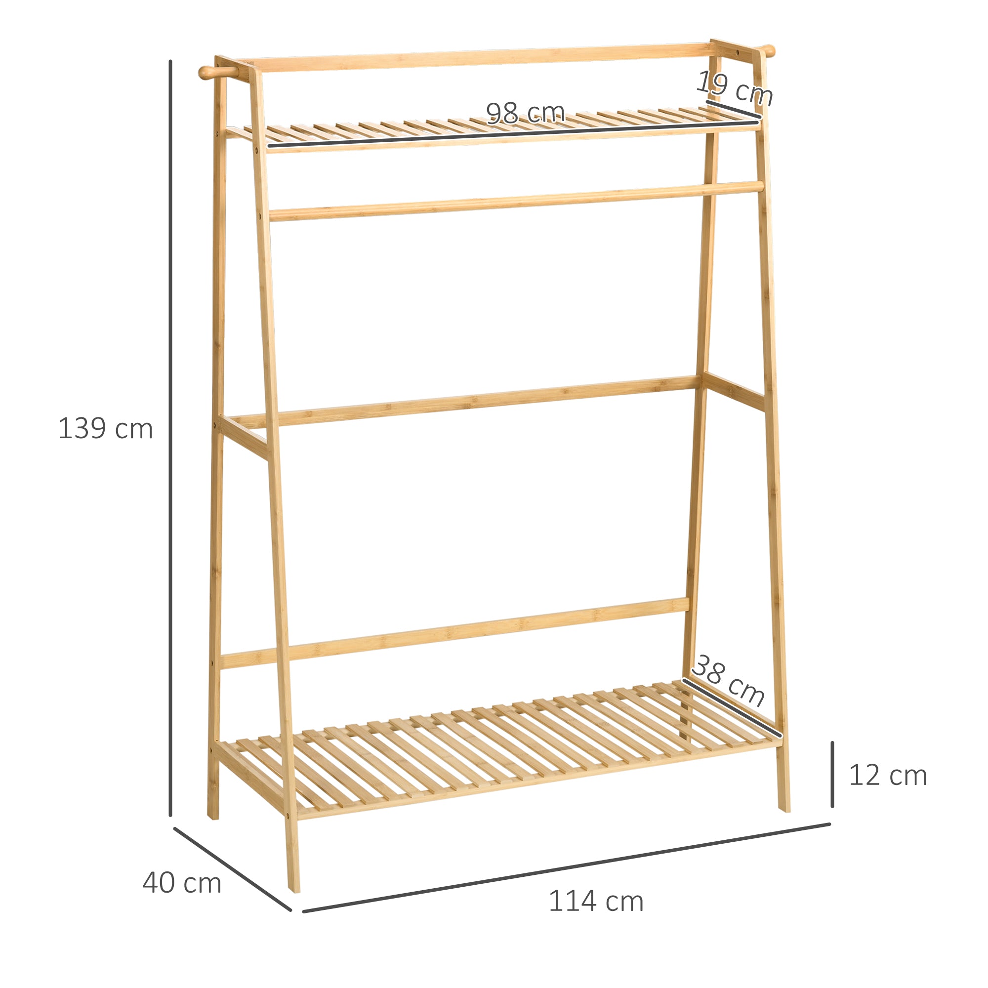 Suporte para Cabide de Bambu com 2 Prateleiras 114x40x139 cm - Cor Madeira Natural
