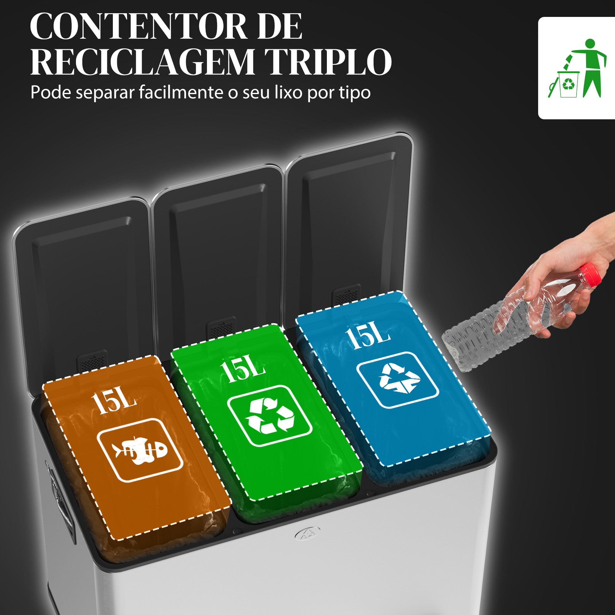Balde de Lixo de Cozinha Triplo 3x15L em Aço Inoxidável - Prata 61,9x36,6x43,2 cm