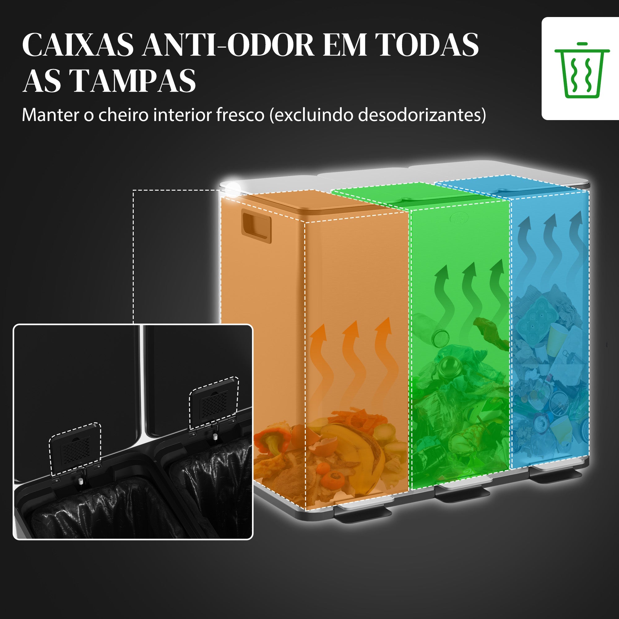 Balde de Lixo de Cozinha Triplo 3x15L em Aço Inoxidável - Prata 61,9x36,6x43,2 cm