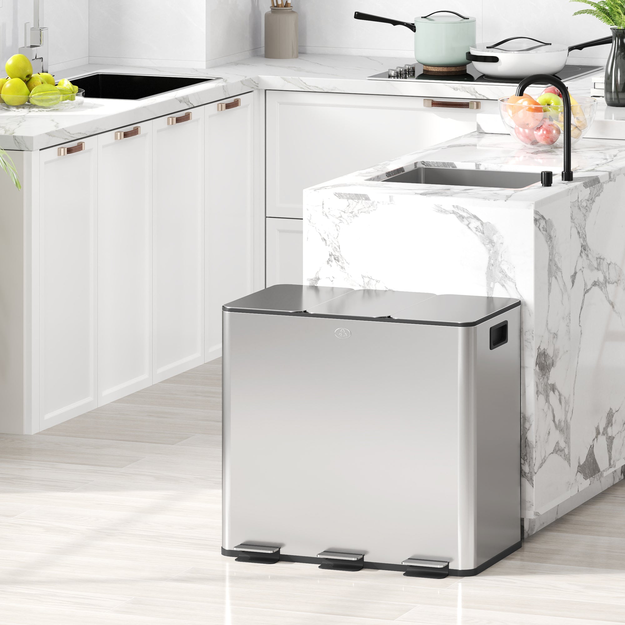 Balde de Lixo de Cozinha Triplo 3x15L em Aço Inoxidável - Prata 61,9x36,6x43,2 cm