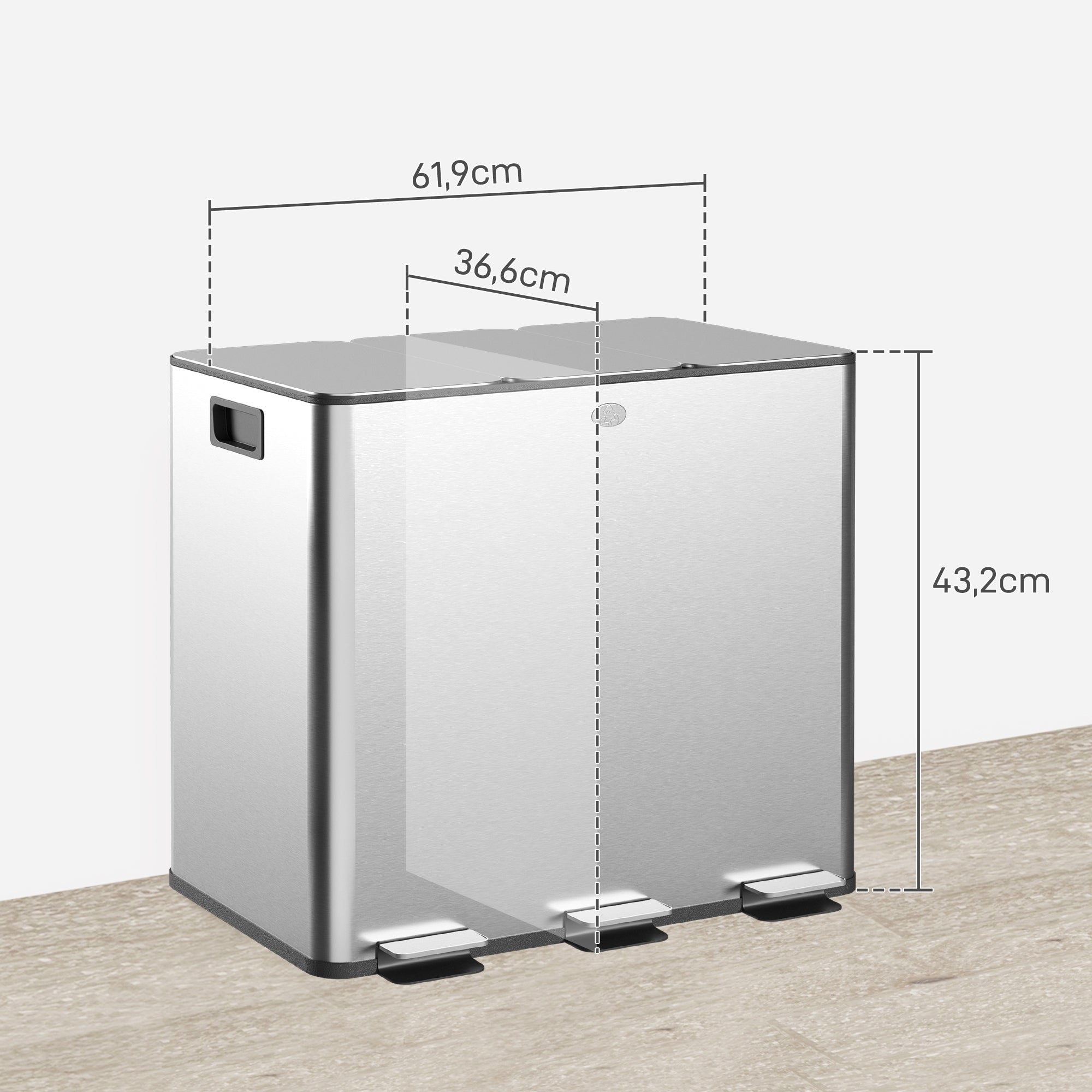 Balde de Lixo de Cozinha Triplo 3x15L em Aço Inoxidável - Prata 61,9x36,6x43,2 cm