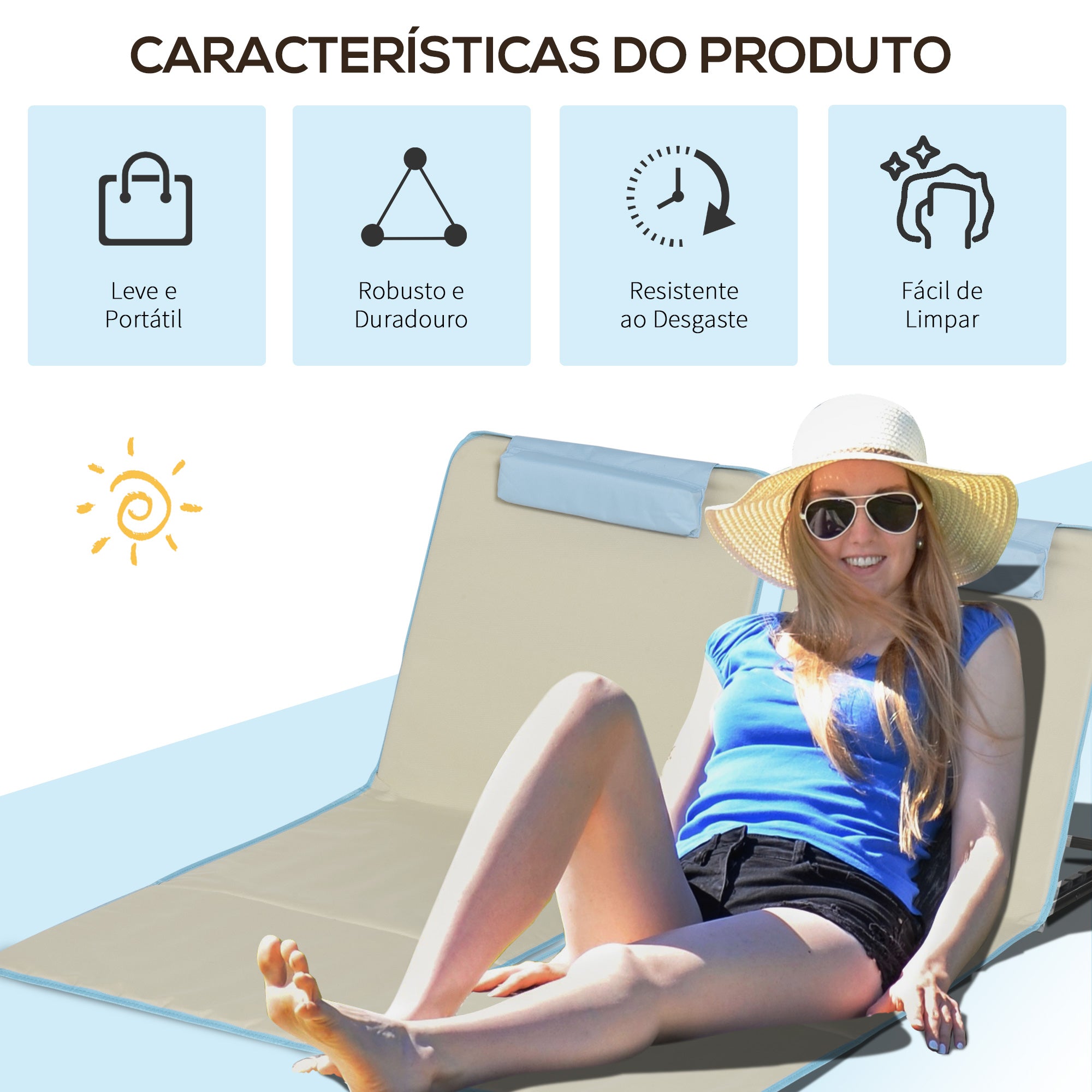 Conjunto de Esteiras de Praia Dobráveis – 124x53x37-50cm – Bege e Azul – Aço e Tecido Oxford