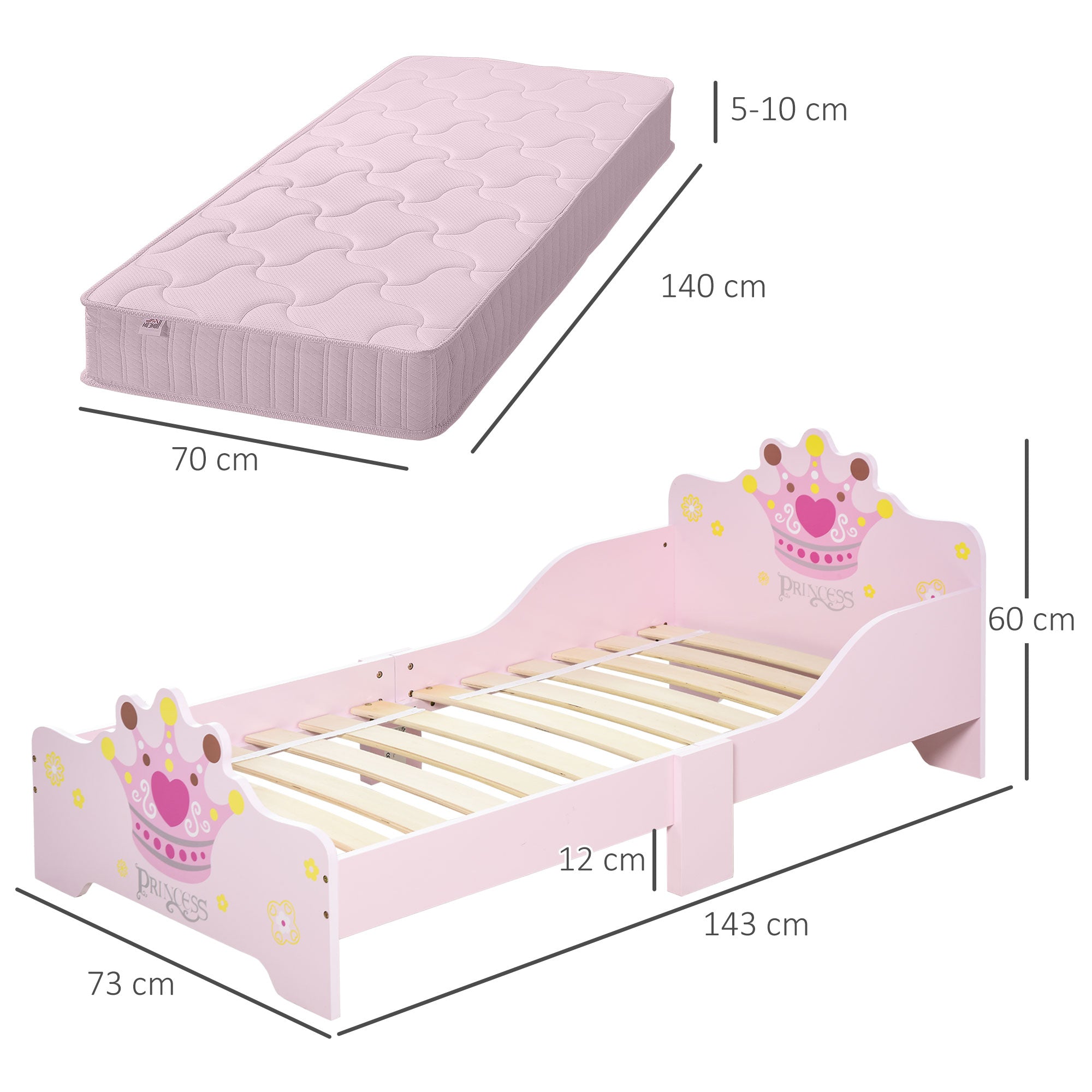 Cama Infantil de Criança 143x73x60 cm Cor Rosa em Madeira com Estampado de Coroa