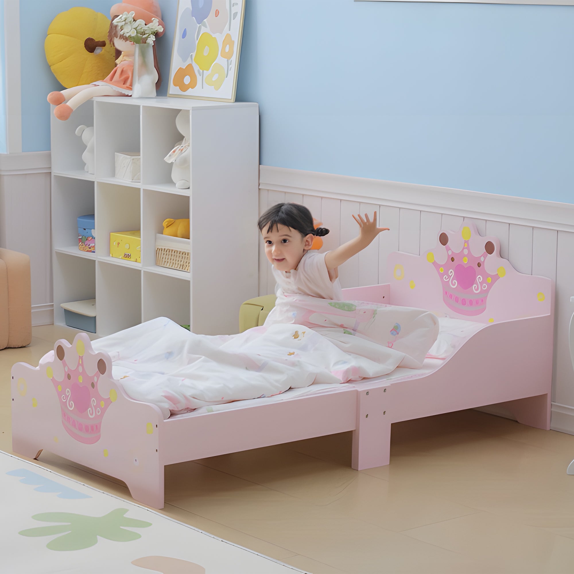 Cama Infantil de Criança 143x73x60 cm Cor Rosa em Madeira com Estampado de Coroa