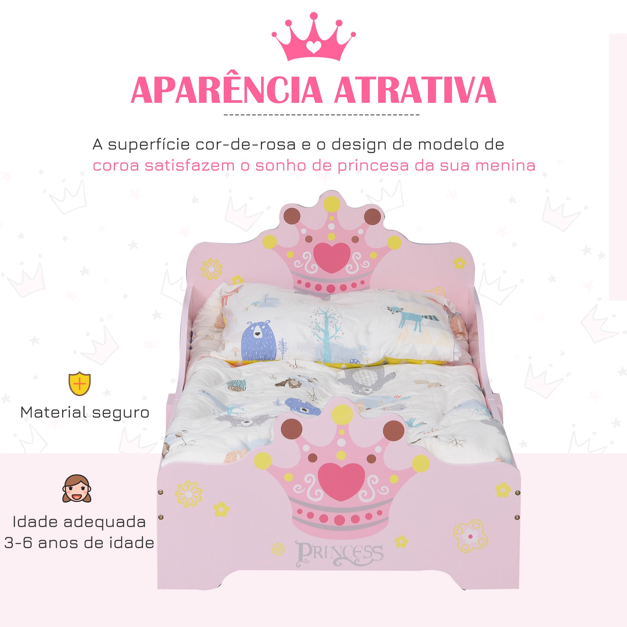 Cama Infantil de Criança 143x73x60 cm Cor Rosa em Madeira com Estampado de Coroa