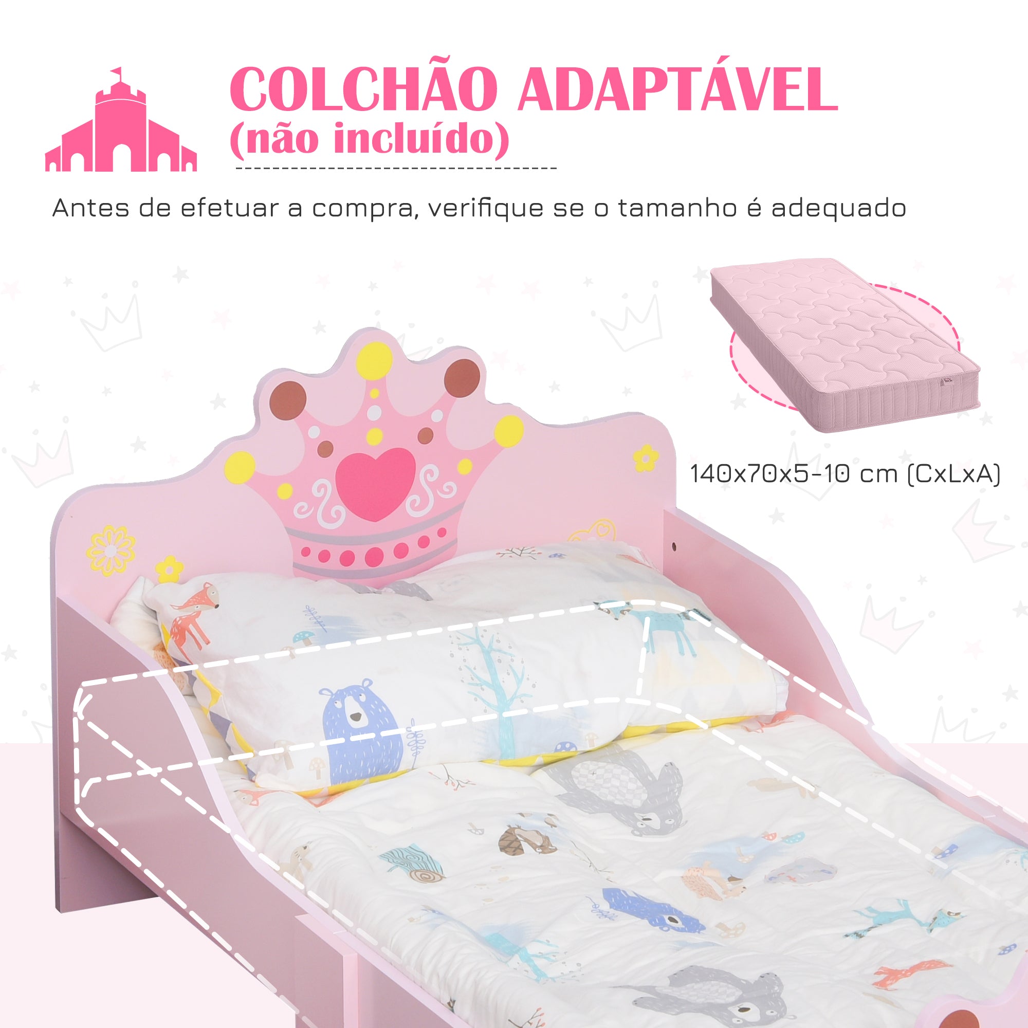 Cama Infantil de Criança 143x73x60 cm Cor Rosa em Madeira com Estampado de Coroa