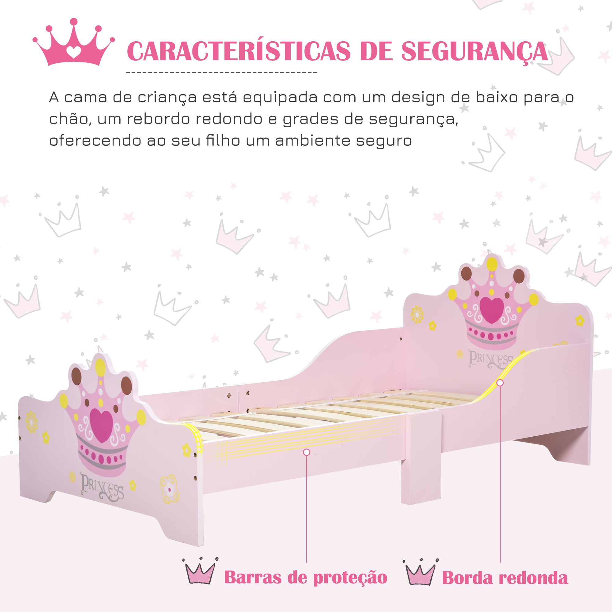 Cama Infantil de Criança 143x73x60 cm Cor Rosa em Madeira com Estampado de Coroa