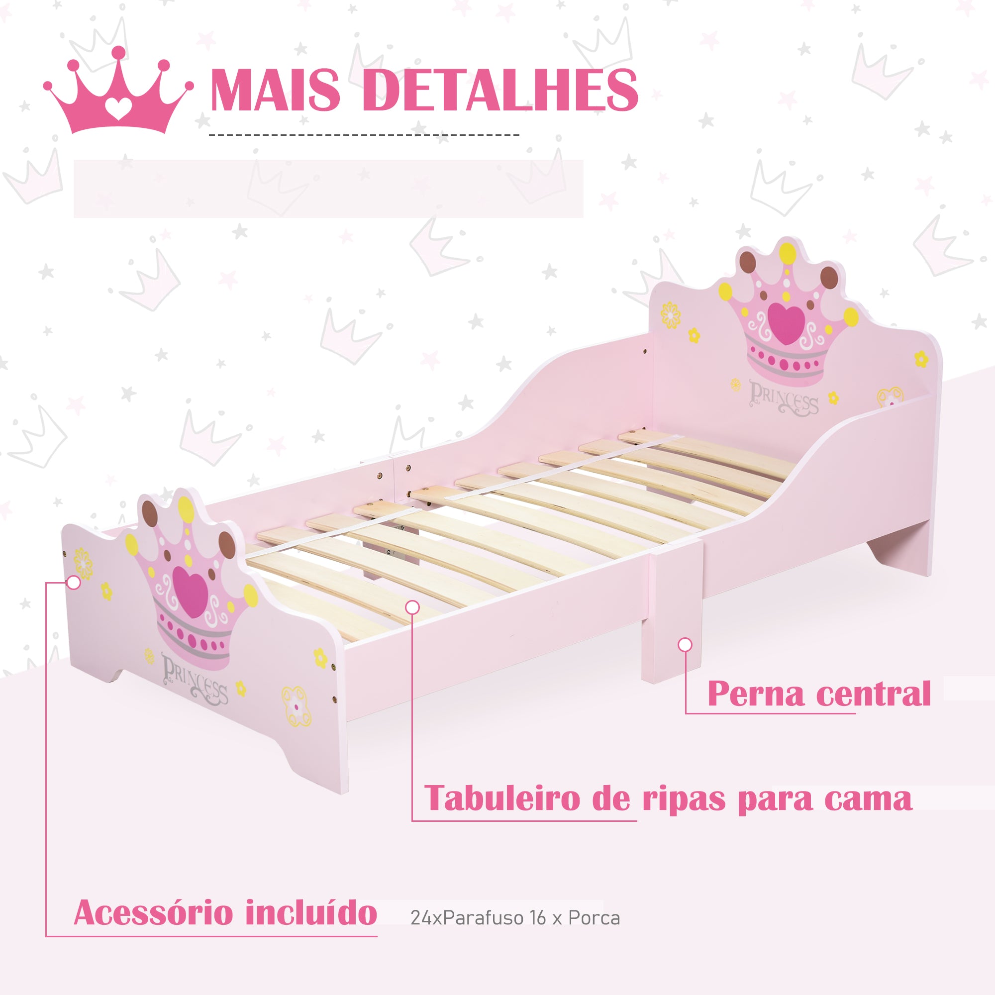 Cama Infantil de Criança 143x73x60 cm Cor Rosa em Madeira com Estampado de Coroa