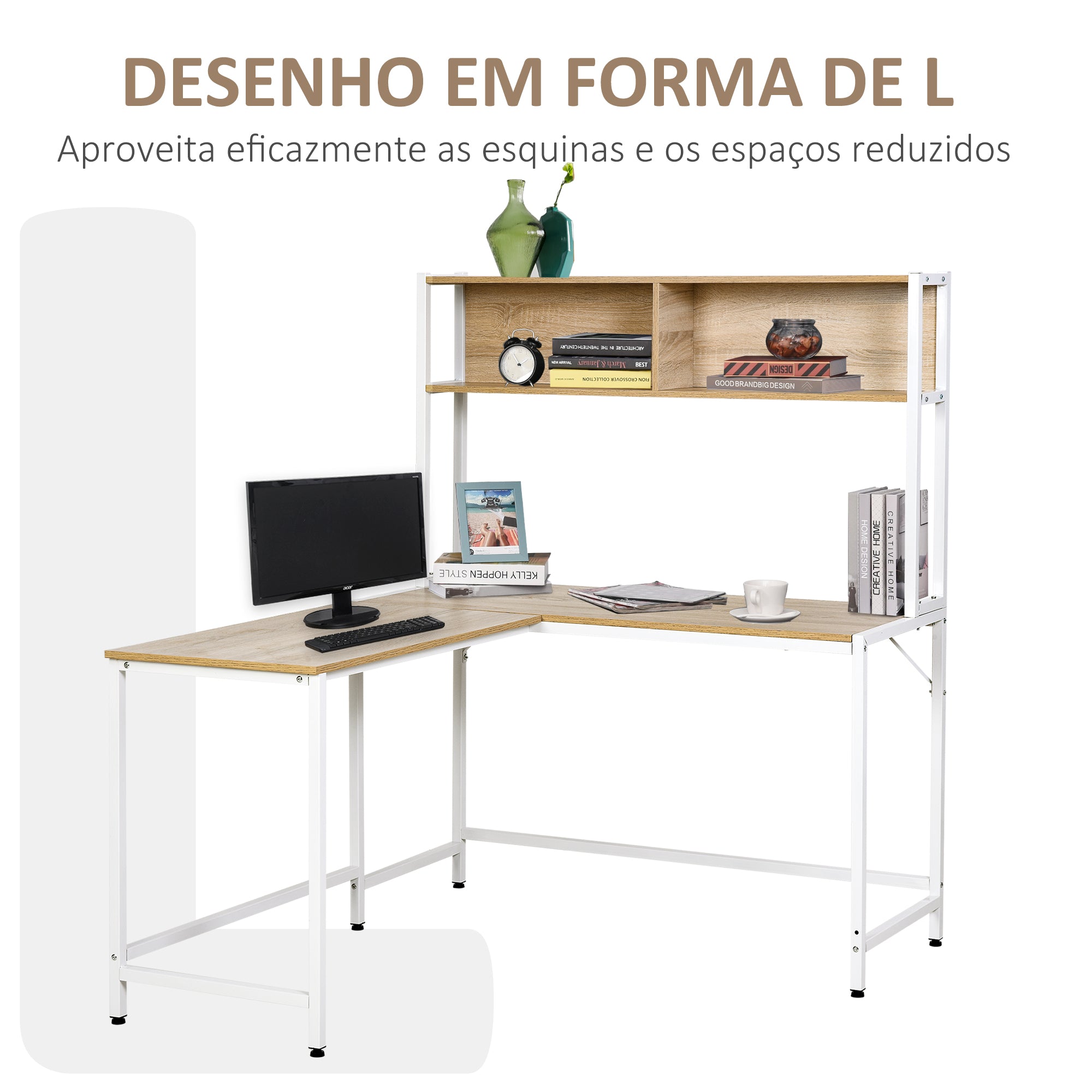 Secretária em Forma de L Multifuncional 140x125x149cm Cor de Madeira Natural