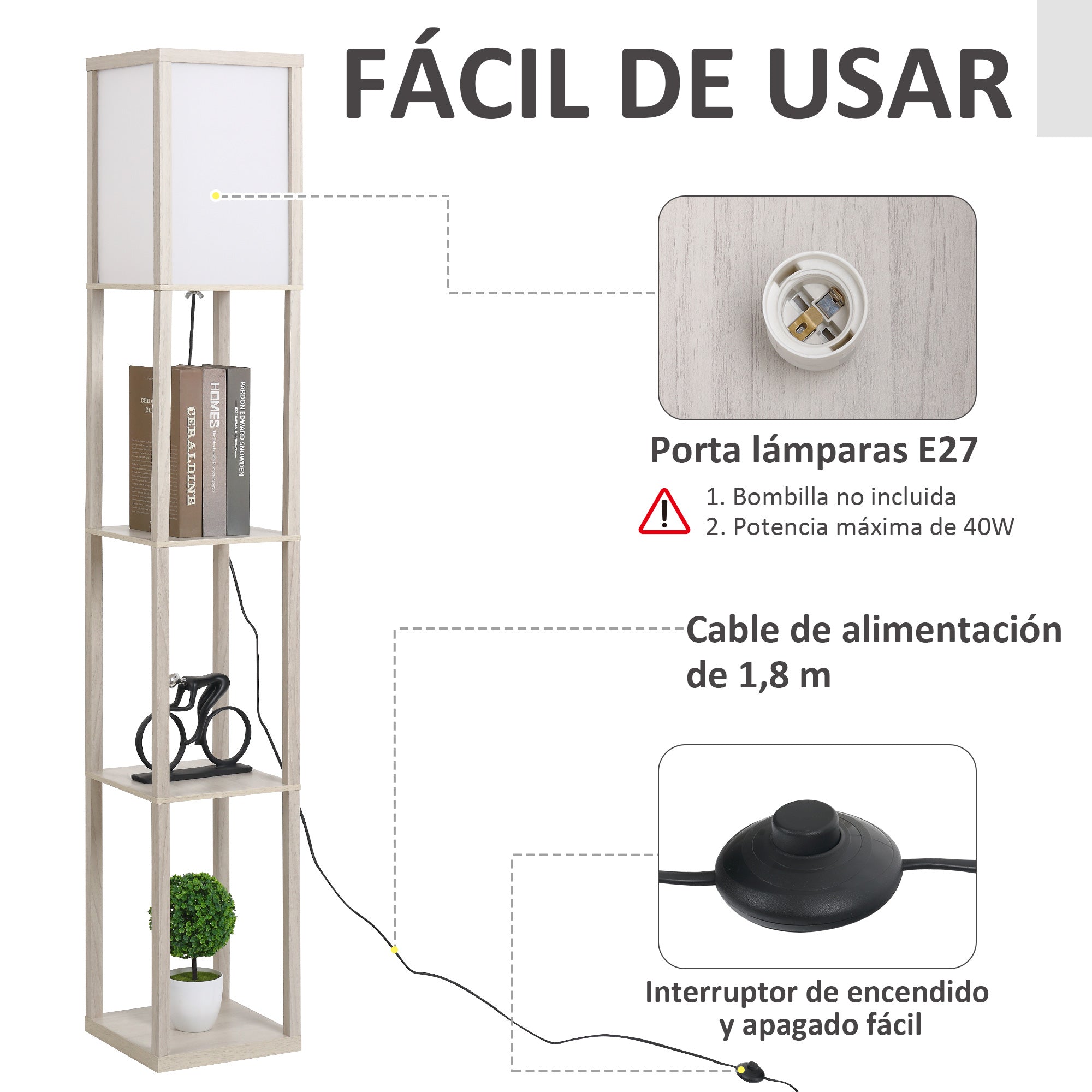 Candeeiro de Pé de Madeira com 3 Prateleiras de Armazenamento - 26x26x160cm - Cor de Carvalho
