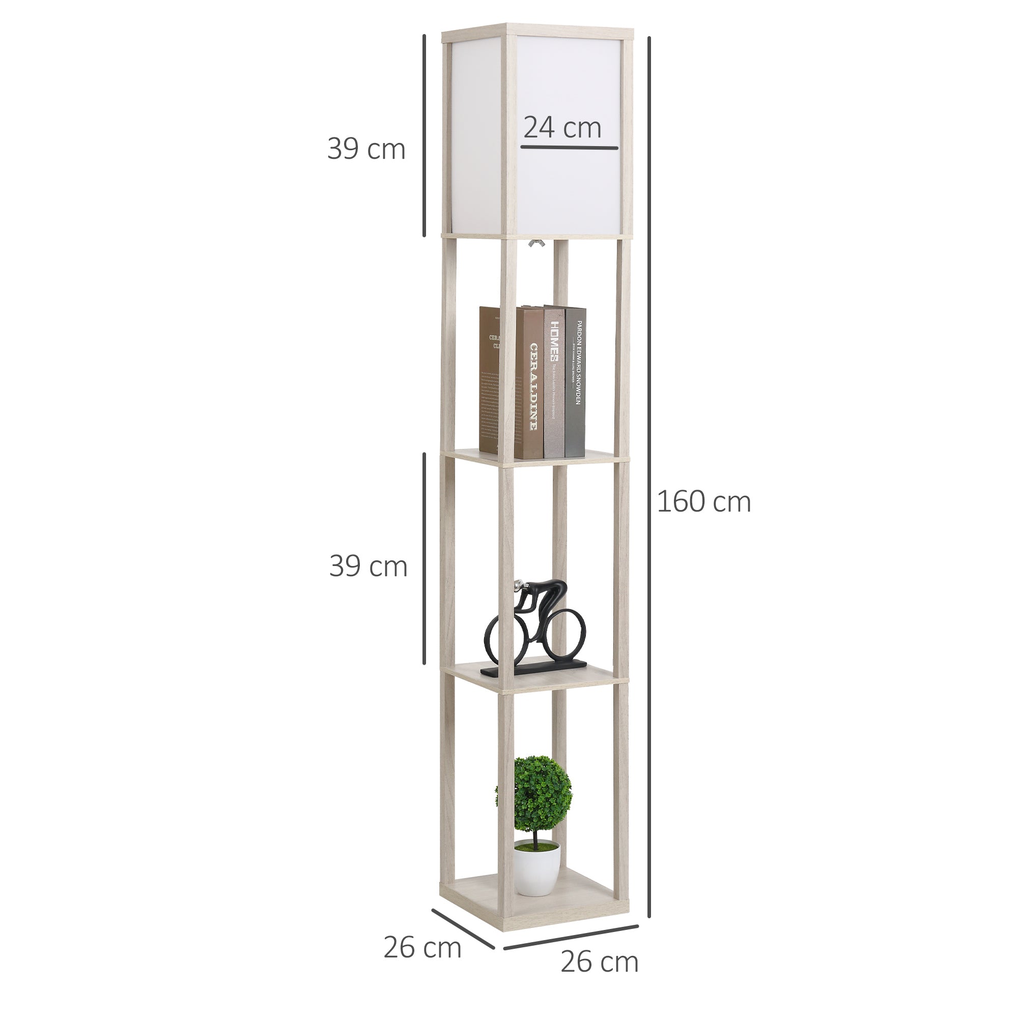 Candeeiro de Pé de Madeira com 3 Prateleiras de Armazenamento - 26x26x160cm - Cor de Carvalho