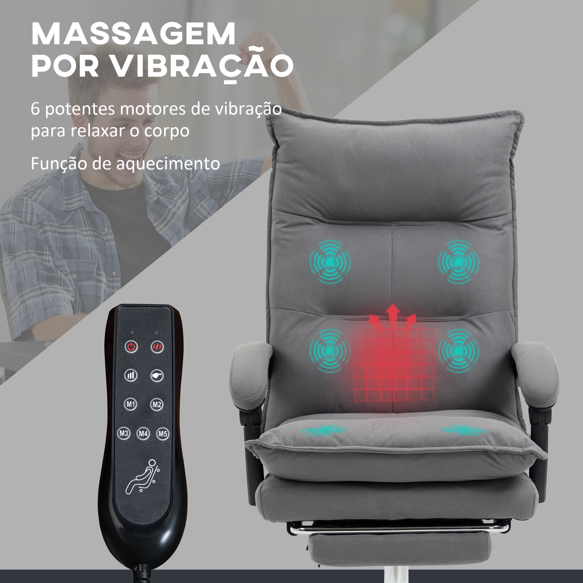 Cadeira de Escritório com Massagem e Aquecimento 66x74x114-121,5 cm Cinzento