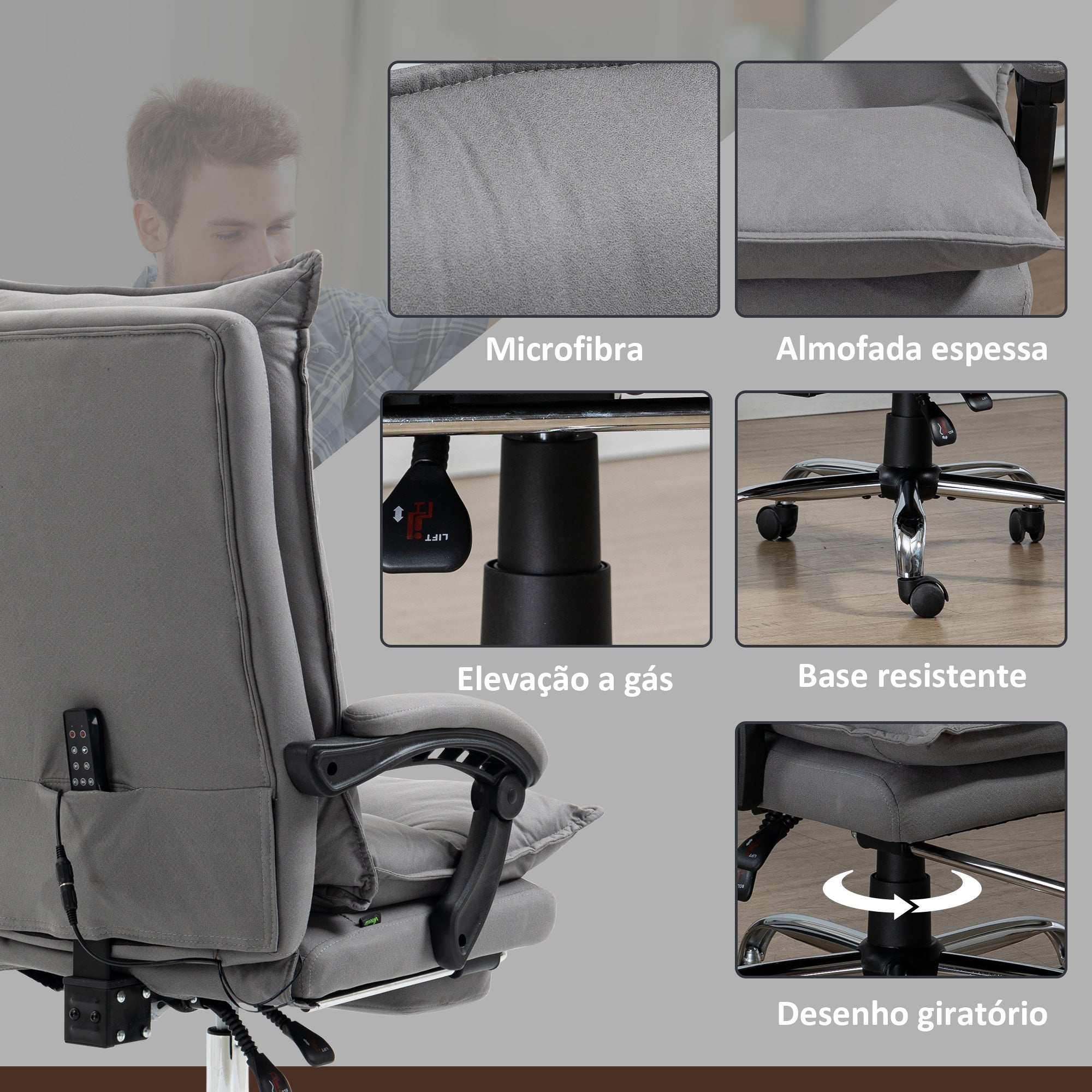 Cadeira de Escritório com Massagem e Aquecimento 66x74x114-121,5 cm Cinzento