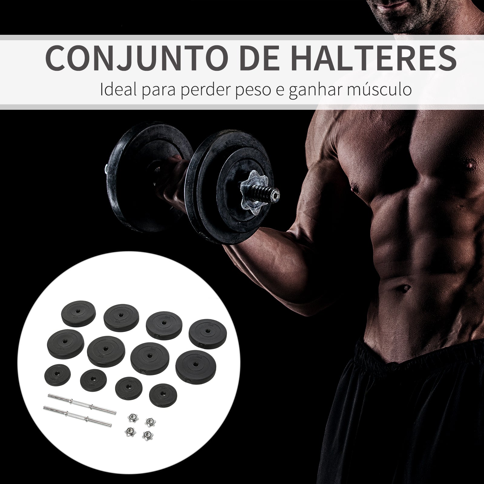 Conjunto de Halteres Ajustáveis – 50kg – Preto – Aço e Plástico